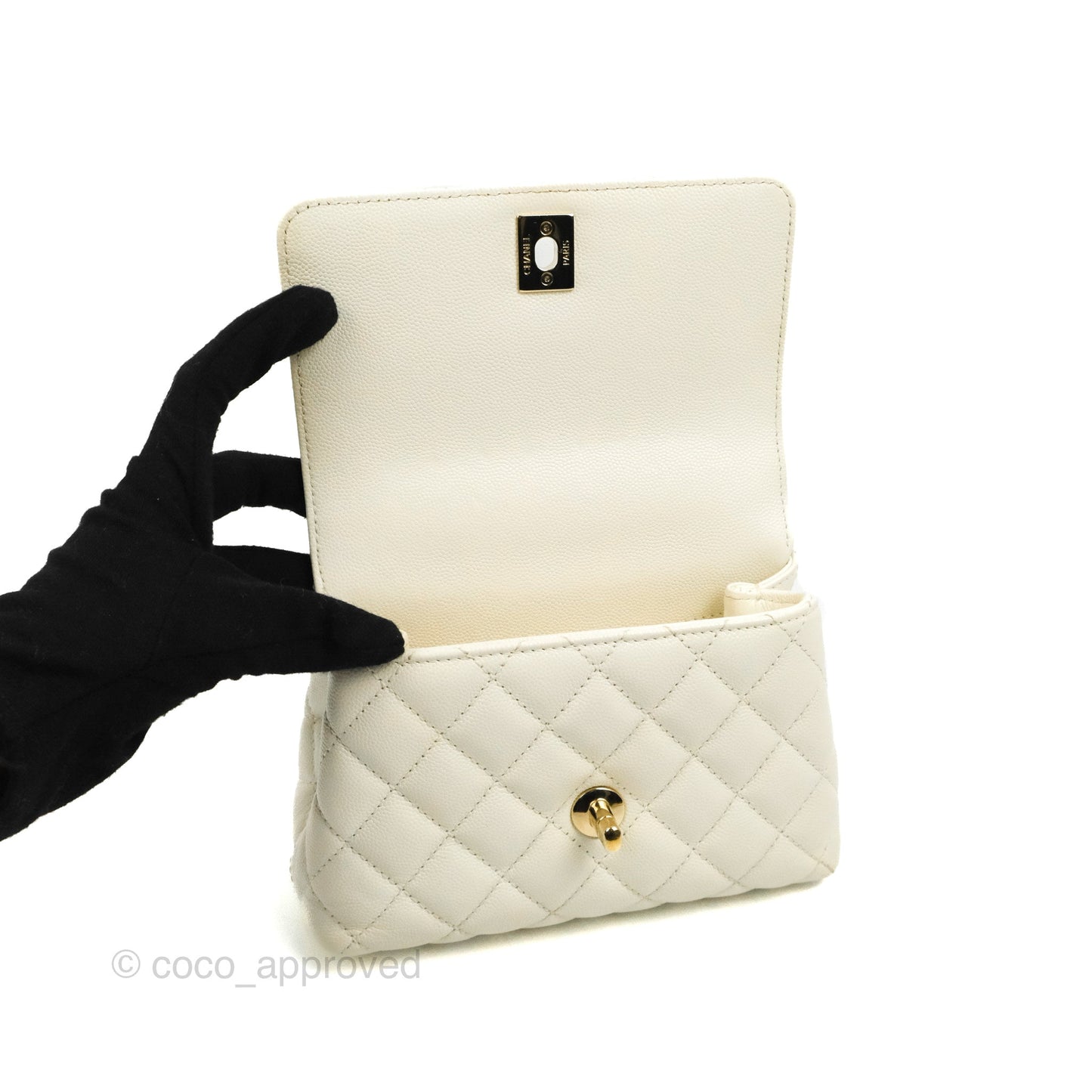 Chanel Mini Coco Handle Quilted Ivory Caviar Gold Hardware