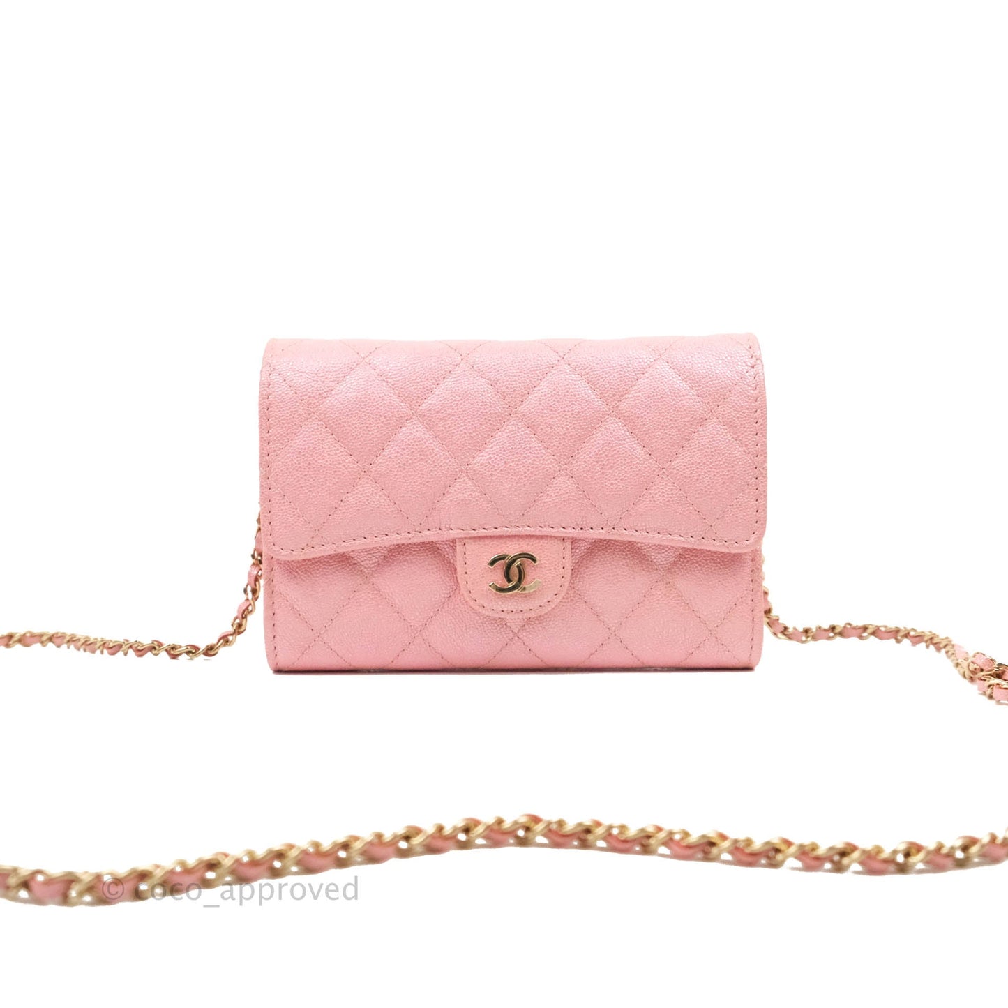 Chanel Mini Quilted Wallet On Chain WOC Caviar Iridescent Pink Gold Hardware 19S