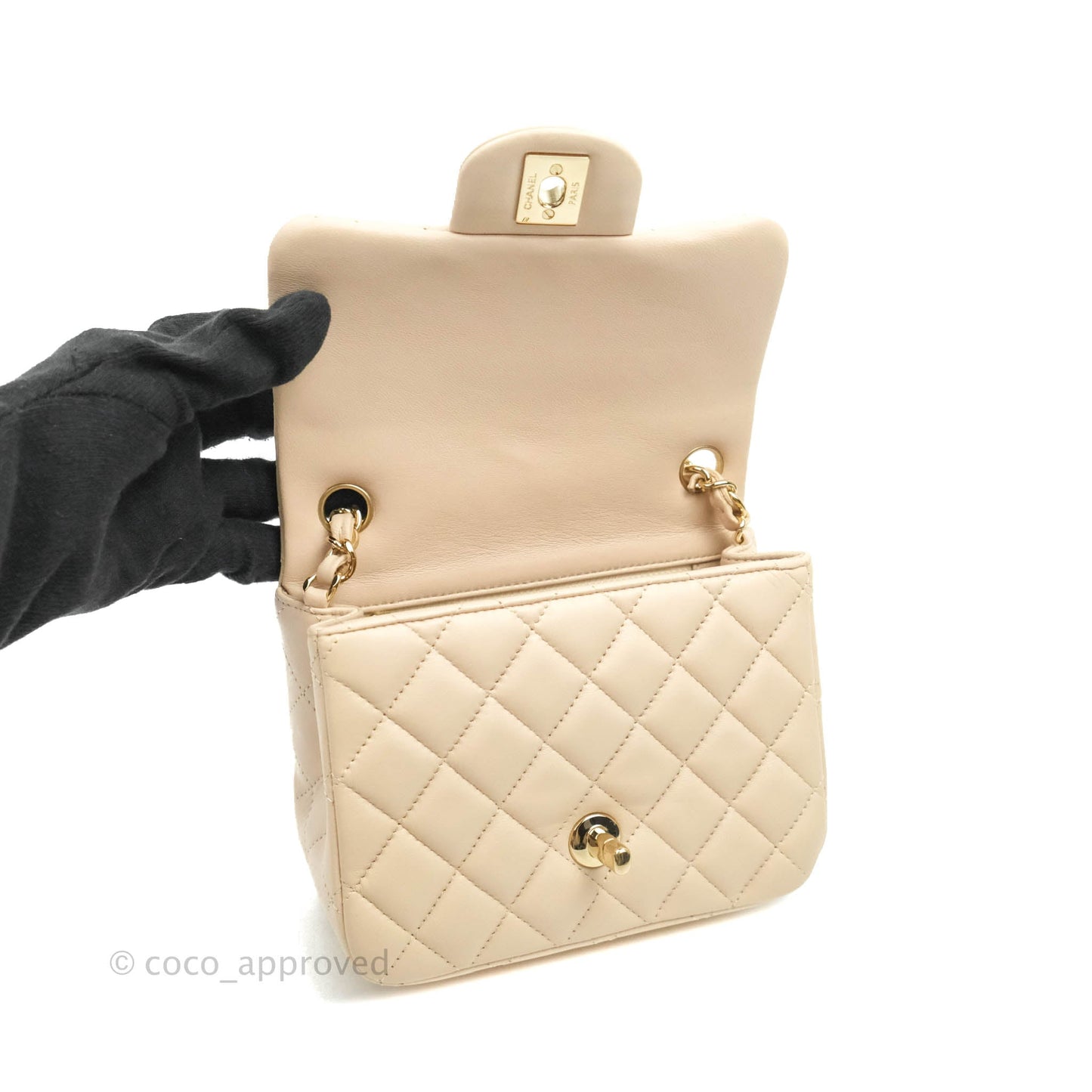 Chanel Quilted Mini Square Light Beige Lambskin Gold Hardware