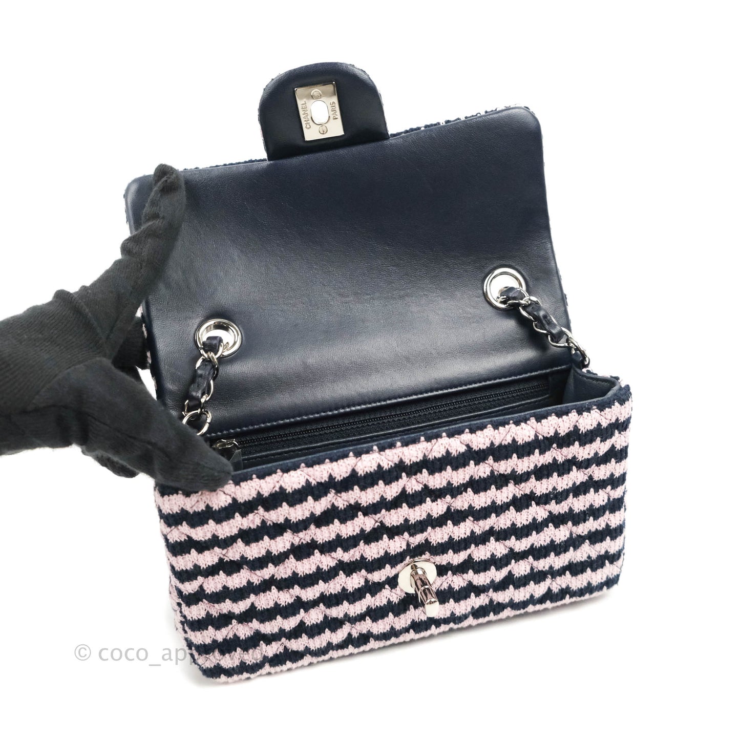 Chanel Mini Rectangular Flap Bag Navy Pink Striped Tweed Silver Hardware