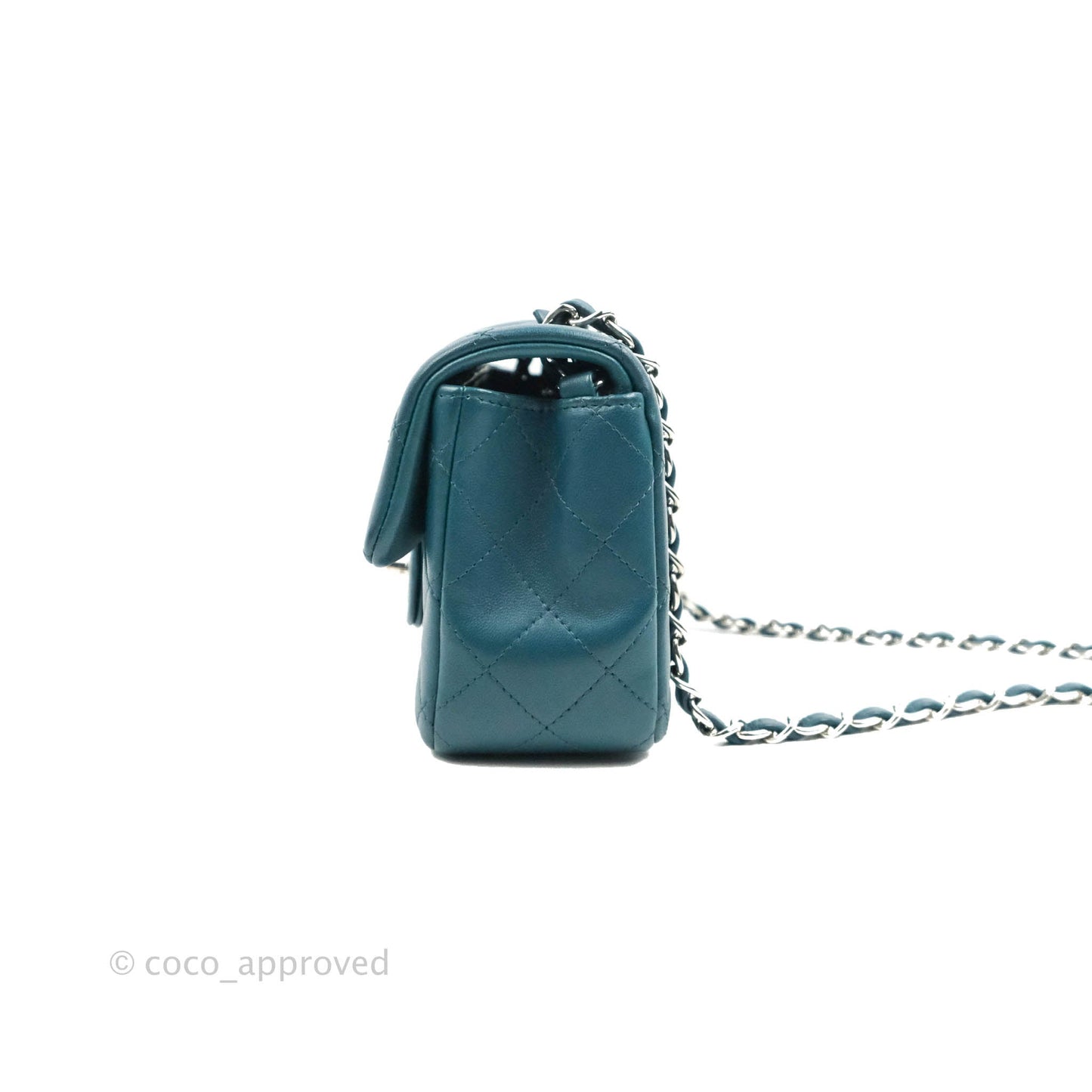 Chanel Quilted Mini Rectangular Flap Teal Lambskin Silver Hardware