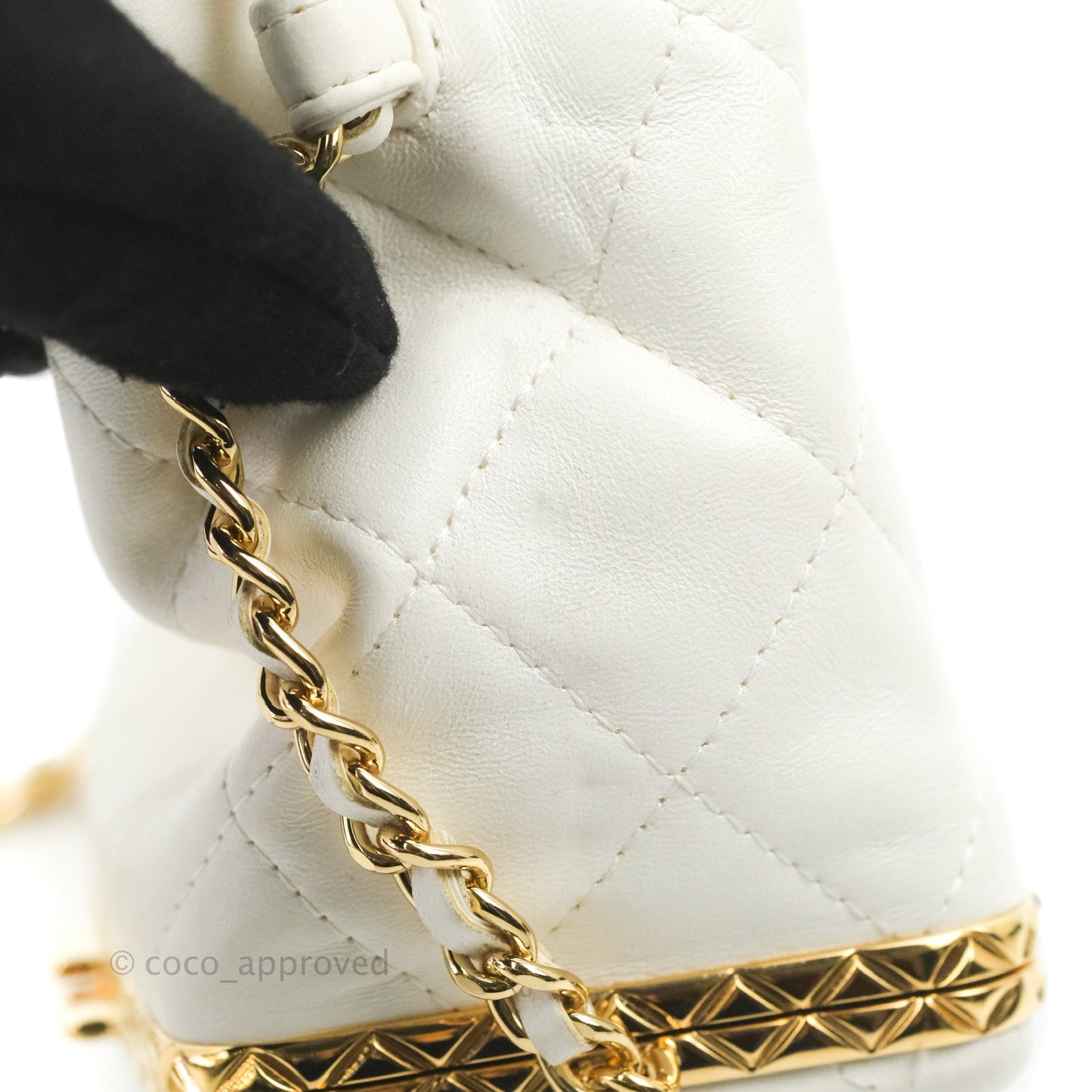 Chanel Quilted Small Drawstring Bucket Bag White Calfskin Gold Hardware