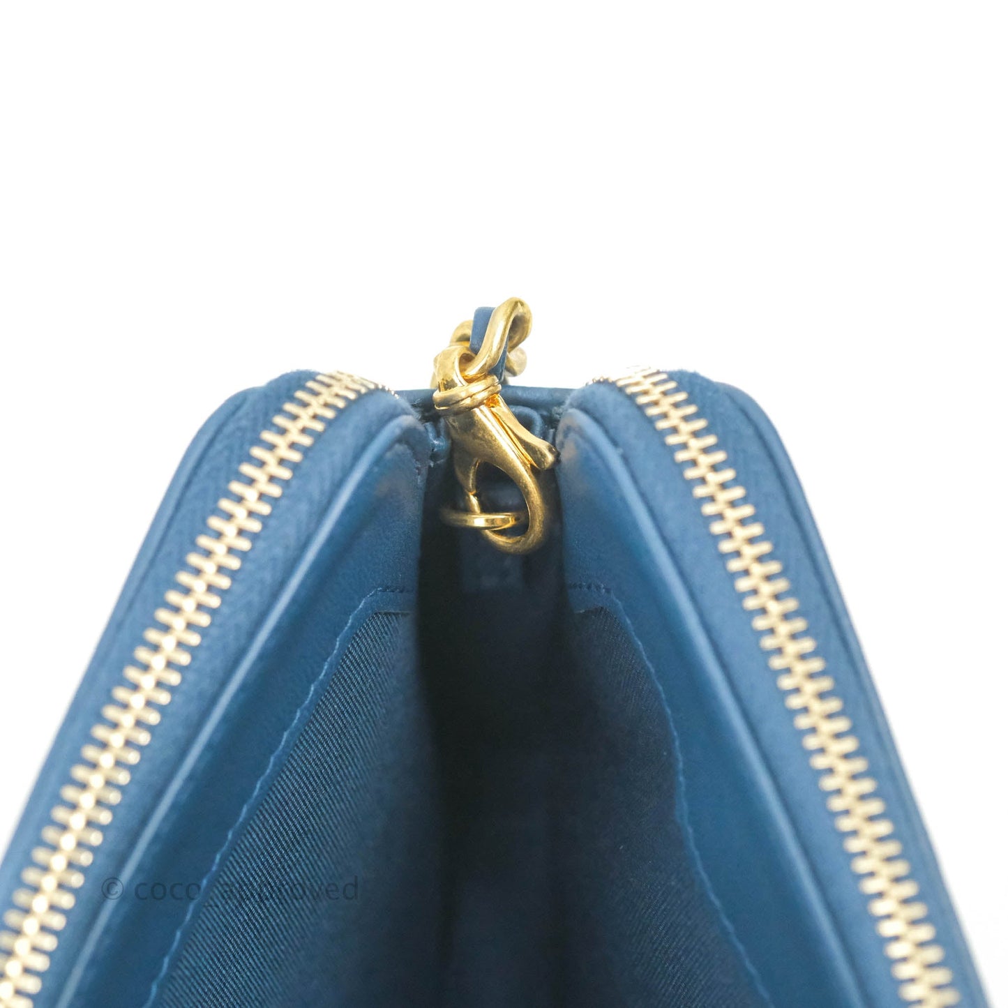 Chanel Boy Double Zip Clutch On Chain Blue Lambskin Aged Gold Hardware