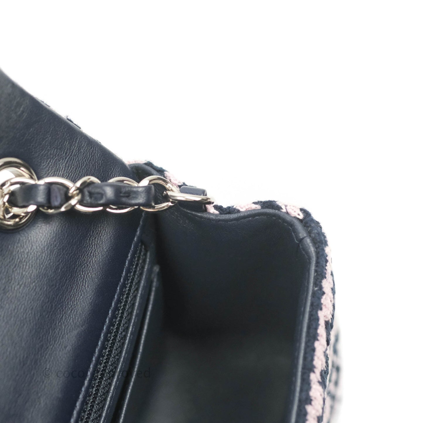 Chanel Mini Rectangular Flap Bag Navy Pink Striped Tweed Silver Hardware