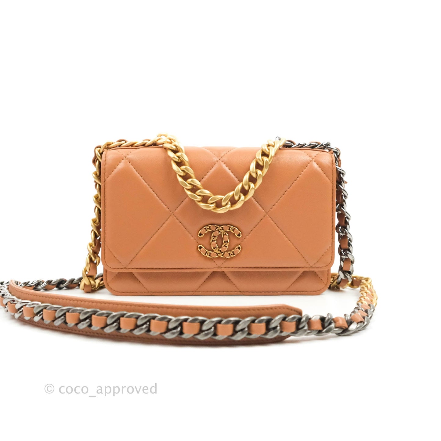 Chanel 19 Wallet on Chain WOC Dark Beige Caramel Lambskin Mixed Hardware