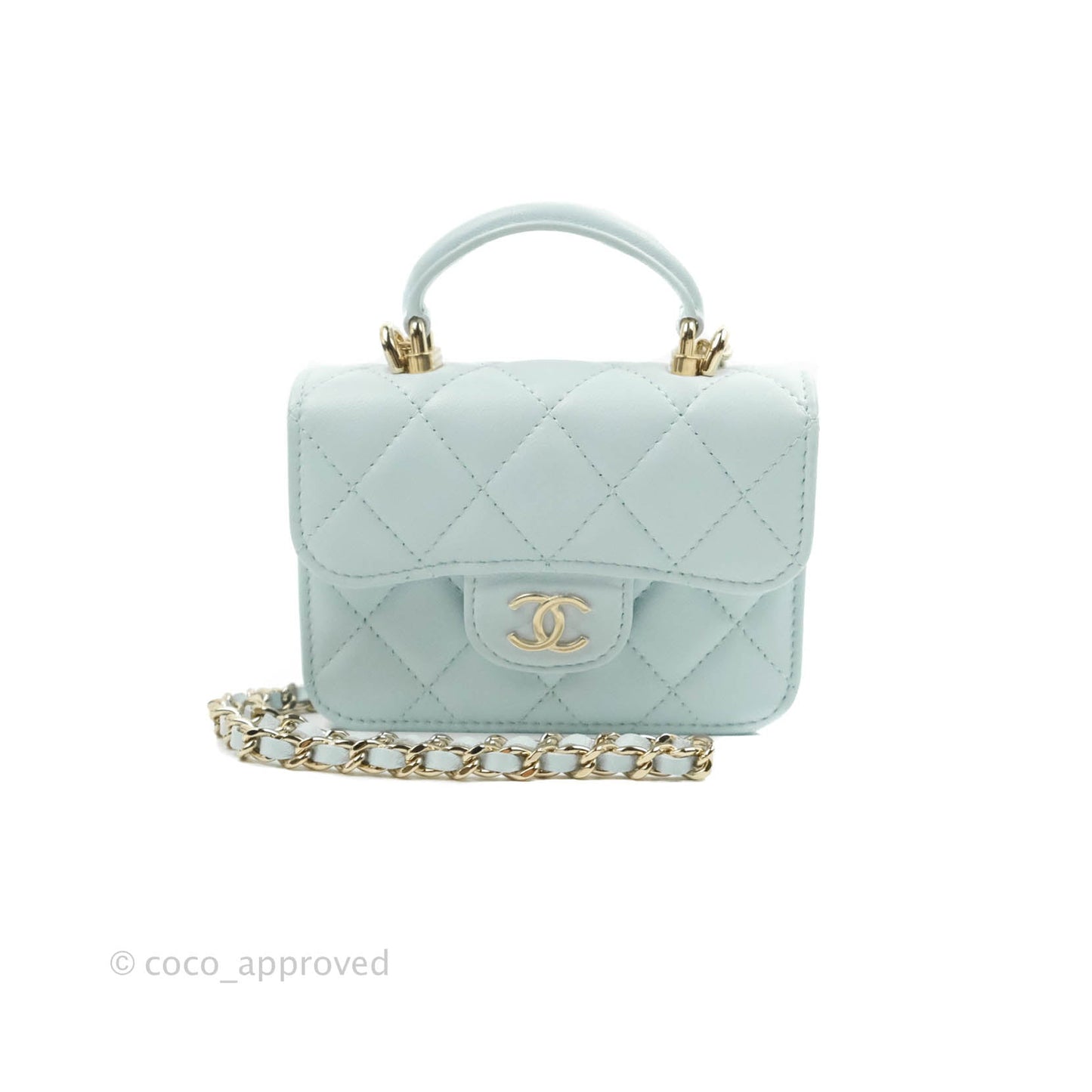 Chanel Mini Handle Flap Coin Purse With Chain Light Blue Lambskin Gold Hardware