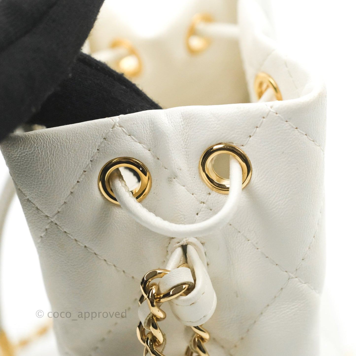 Chanel Quilted Small Drawstring Bucket Bag White Calfskin Gold Hardware