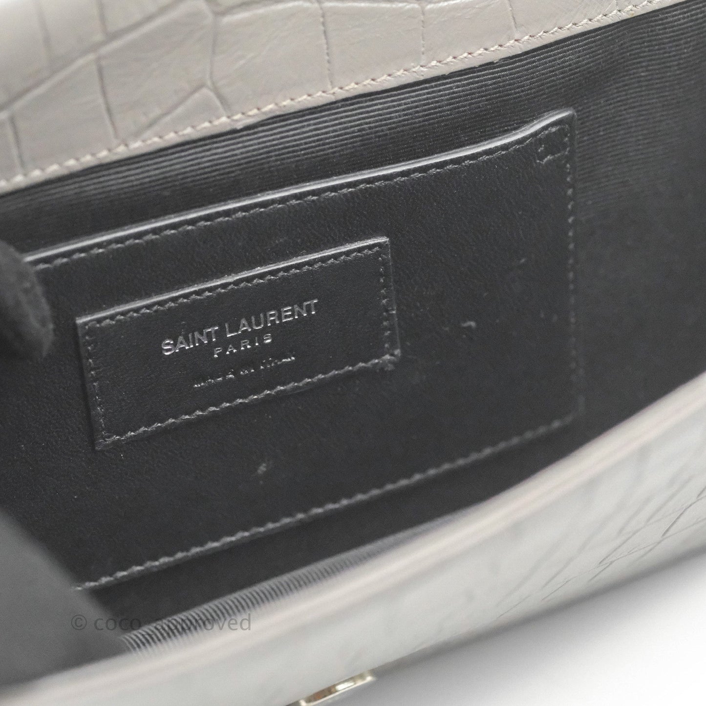 Saint Laurent Clutch Bag Grey Croc-Embossed Silver Hardware