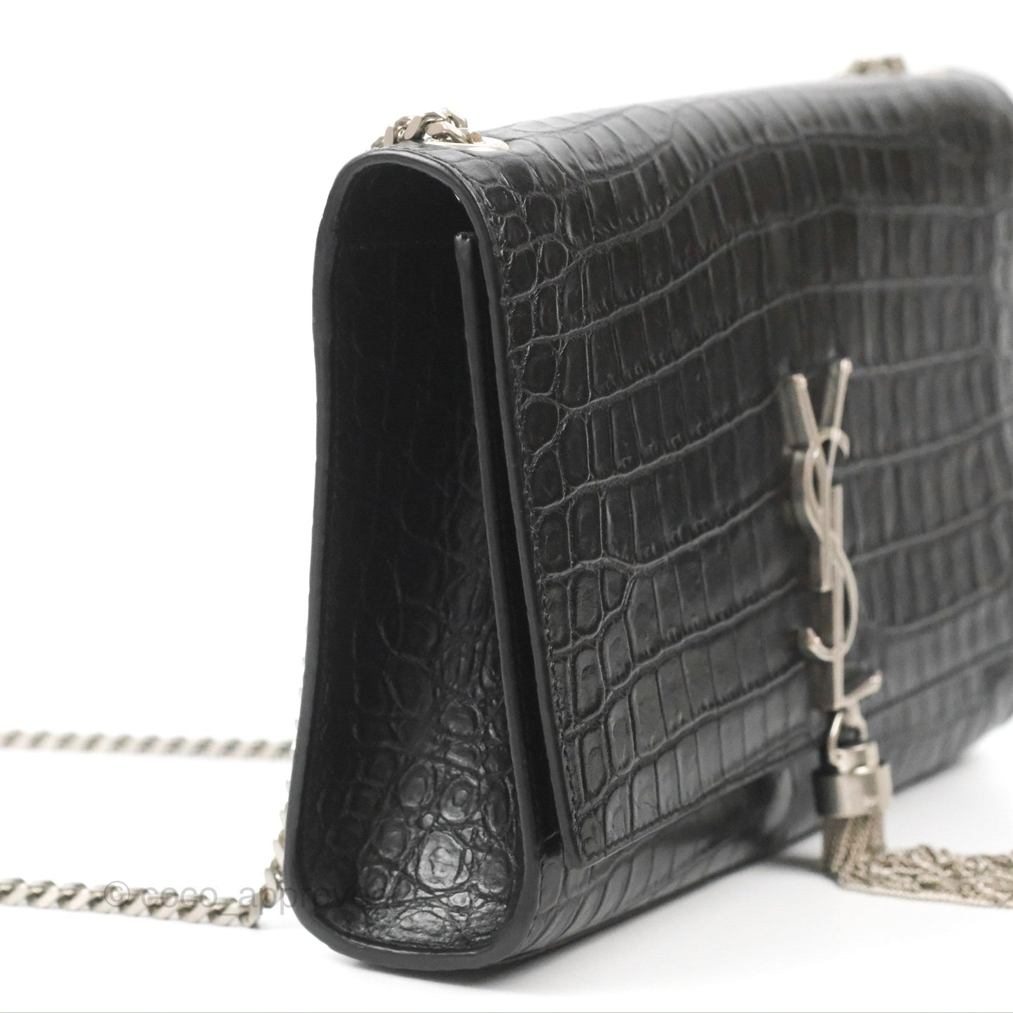 Saint Laurent Medium Kate Tassel Chain Bag Black Crocodile Embossed Calfskin Silver Hardware
