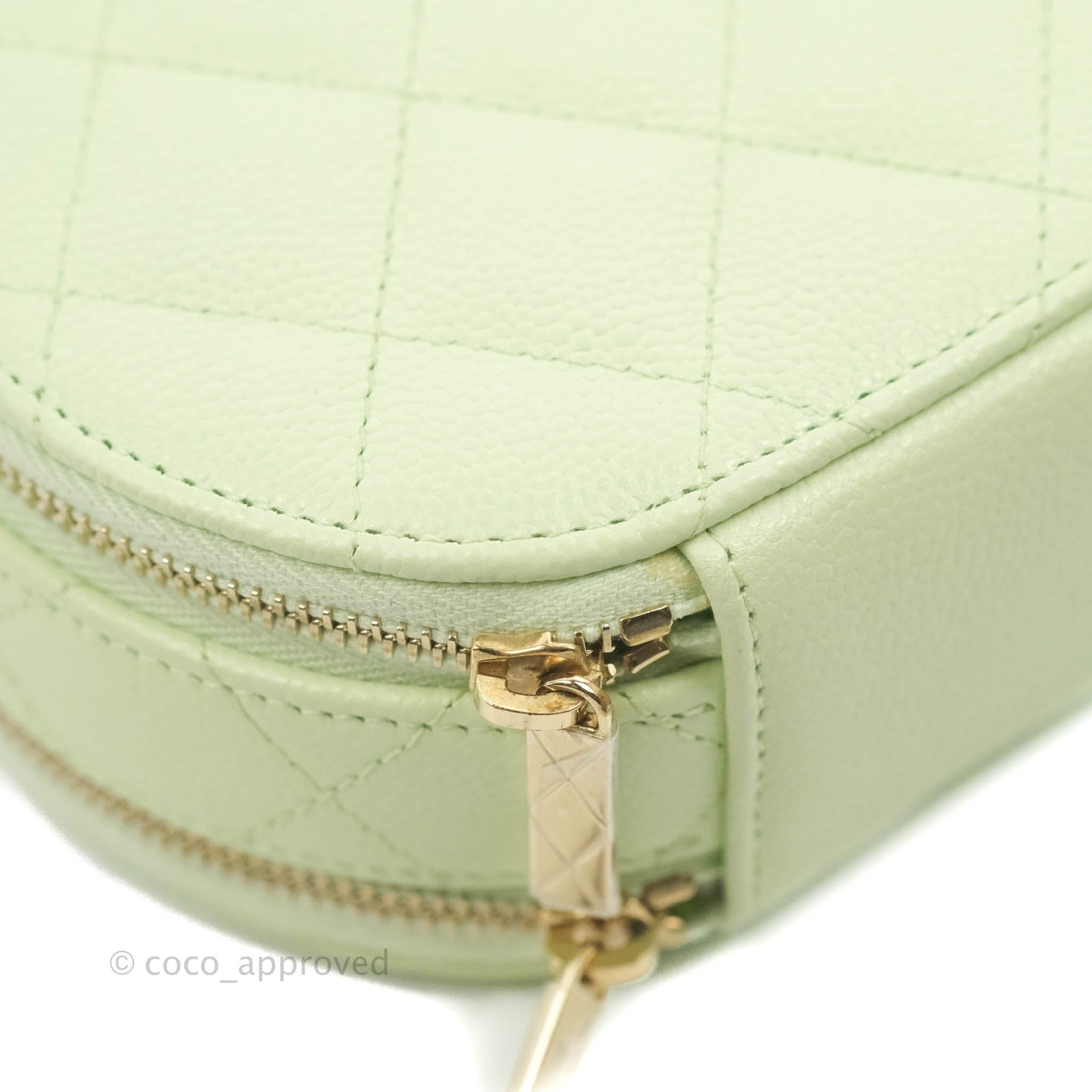 Chanel Mini Round Vanity Bag Handle With Care Light Green Caviar 22C