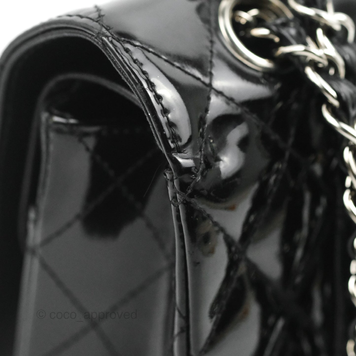 Chanel Classic M/L Medium Flap Quilted Black Patent Silver Hardware