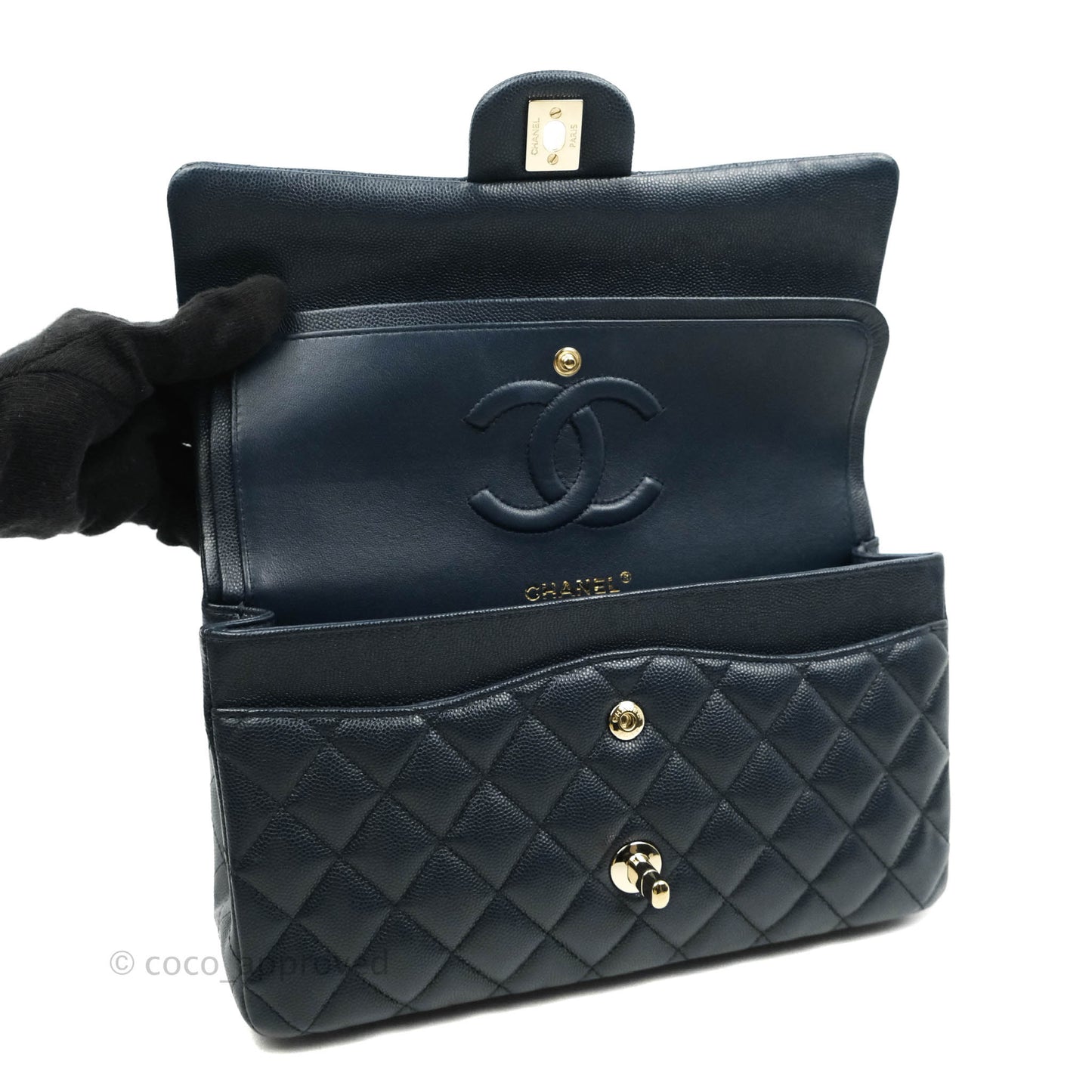 Chanel Classic M/L Medium Flap Quilted Navy Caviar Gold Hardware