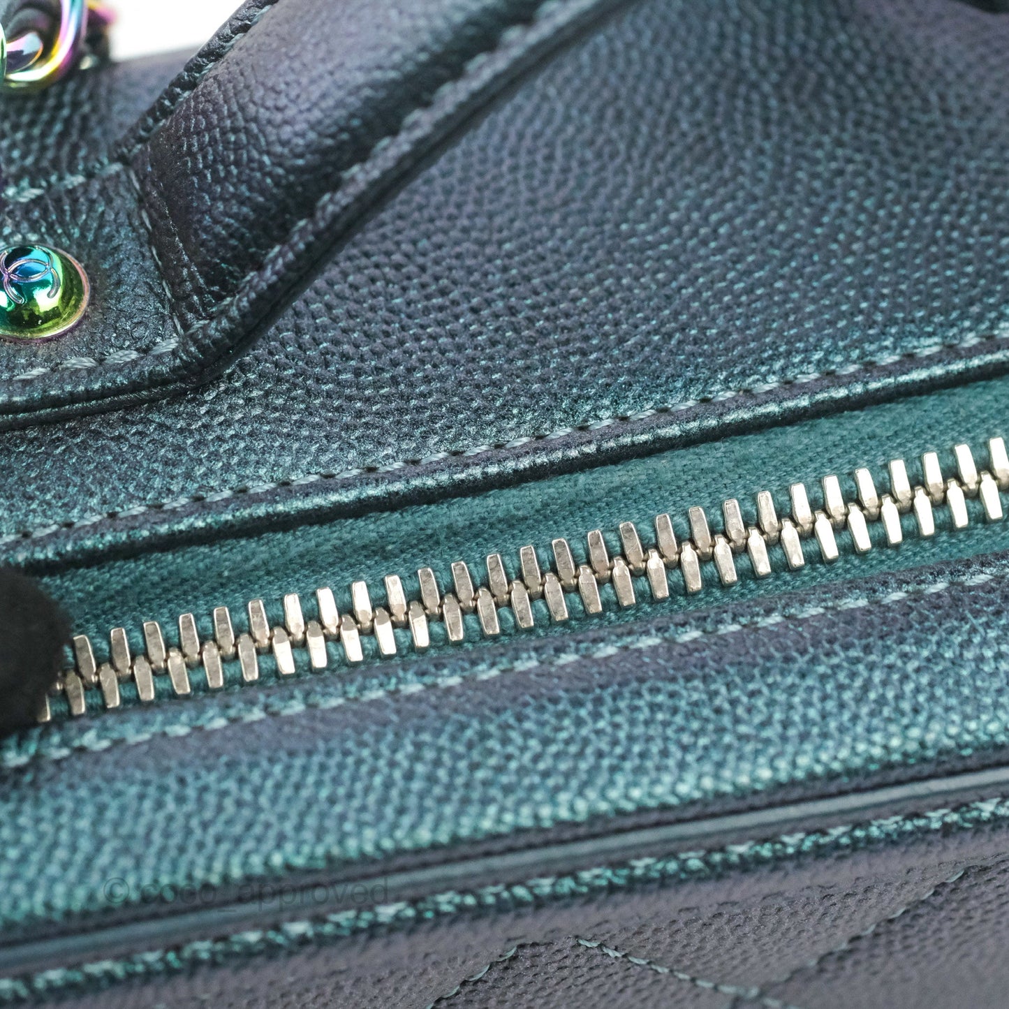 Chanel Quilted Medium CC Filigree Vanity Case Iridescent Dark Turquoise Caviar Rainbow Hardware
