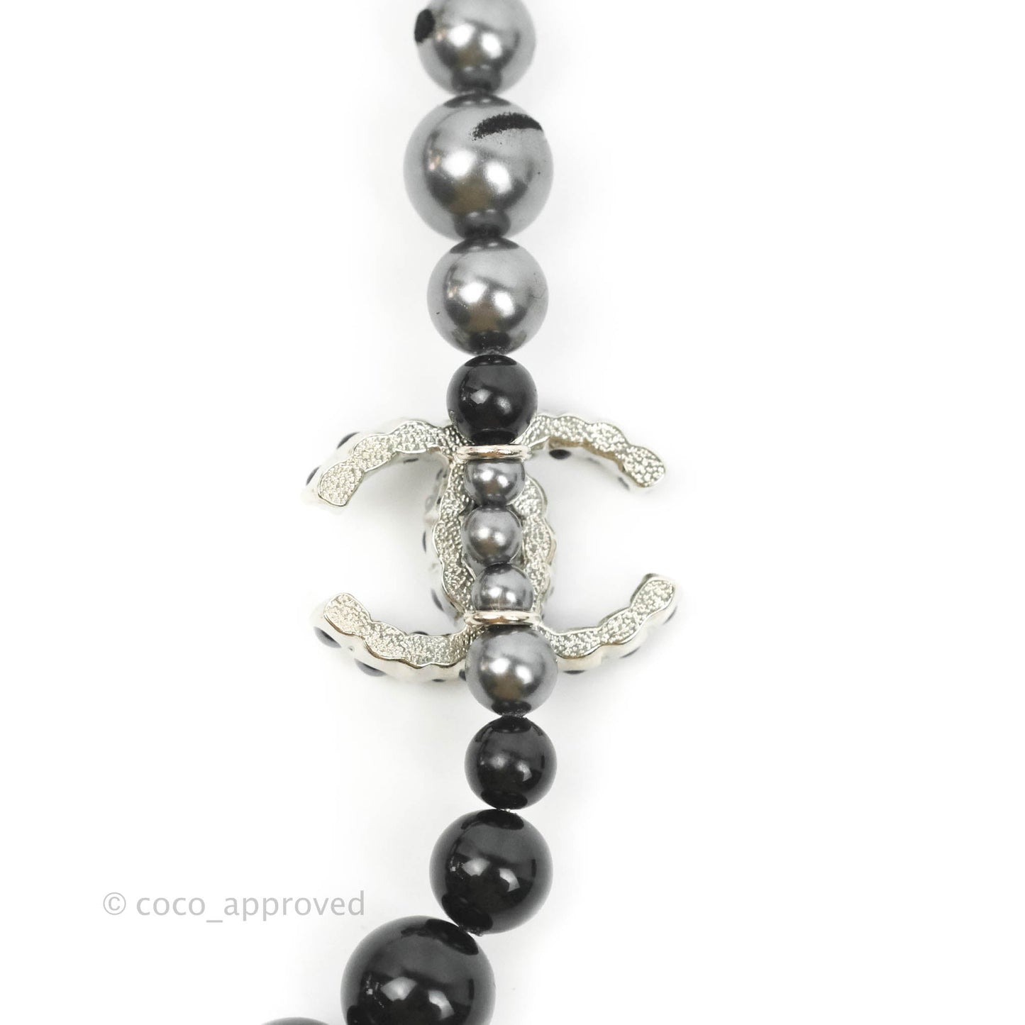 Chanel CC Resin Black Bead Necklace Silver Tone 14P