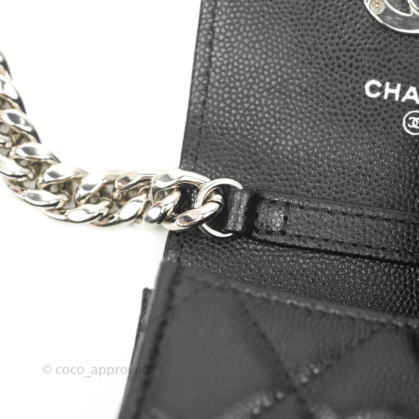 Chanel Mini Clutch With Chain Black Caviar Enamel Silver Hardware 22S