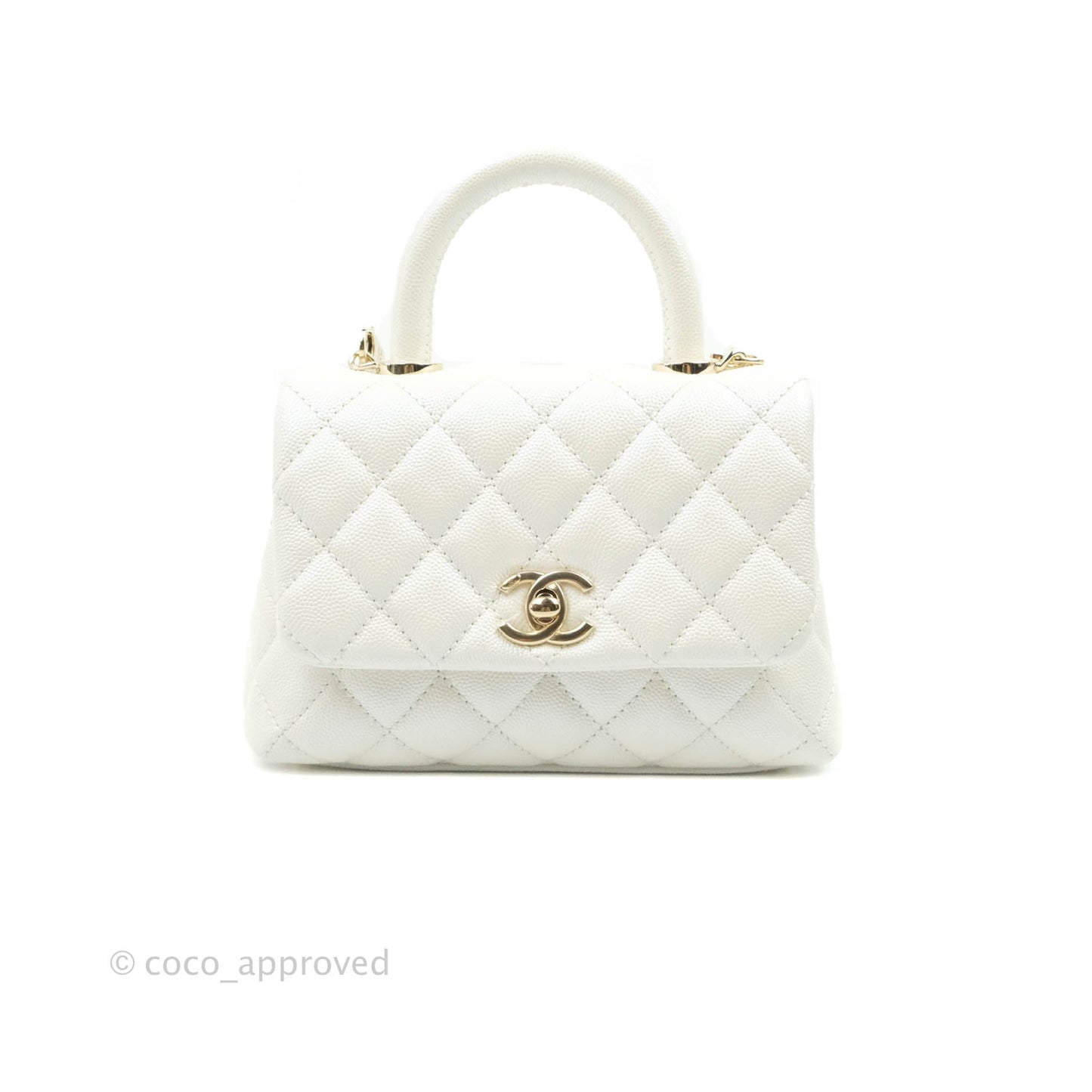 Chanel Mini Coco Handle Quilted Iridescent White Caviar Gold Hardware