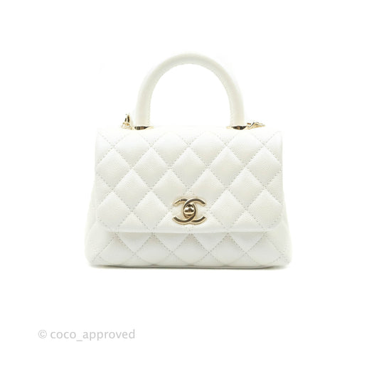 Chanel Mini Coco Handle Quilted Iridescent White Caviar Gold Hardware