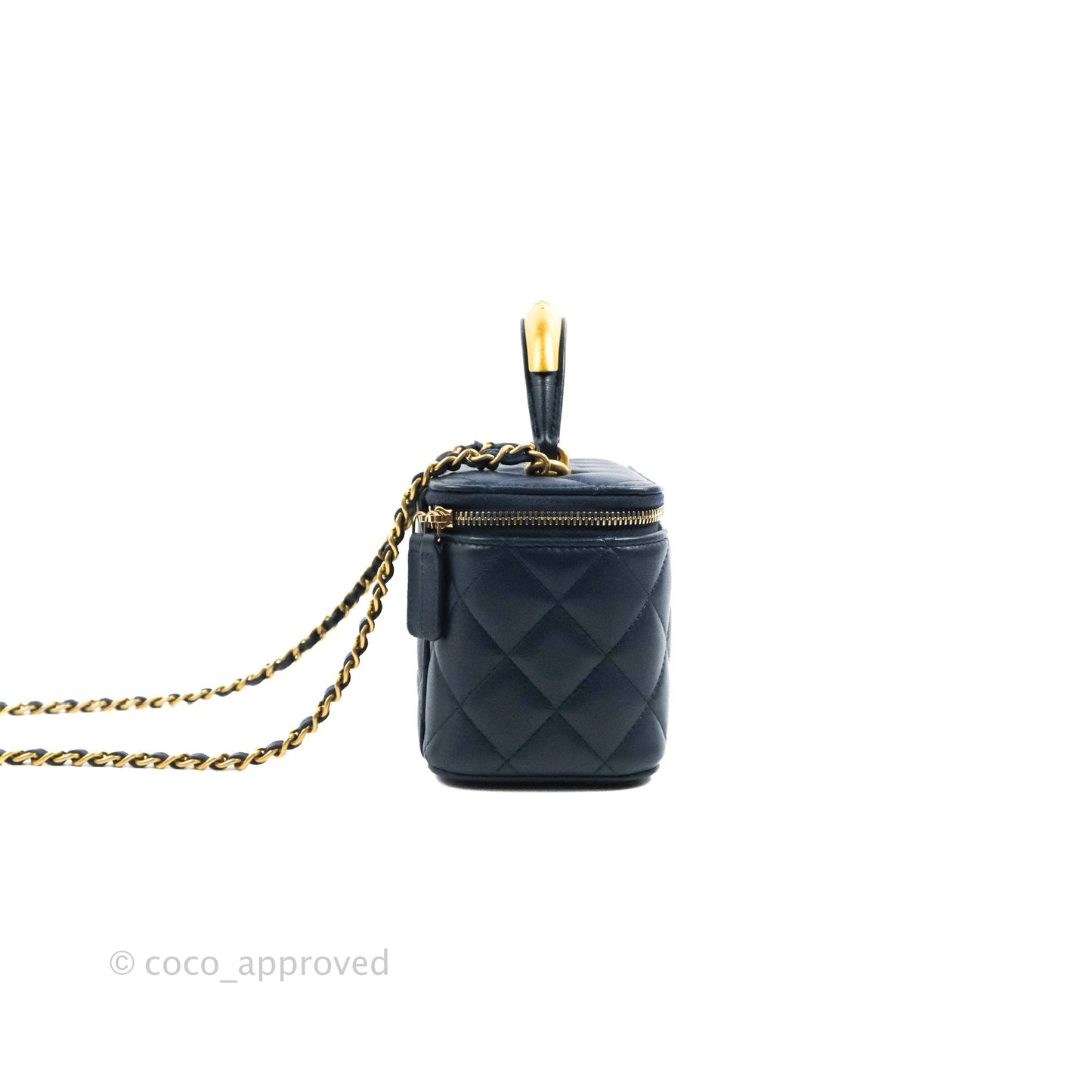 Chanel Vanity Rectangular Metal Top Handle Navy Lambskin Aged Gold Hardware 22B