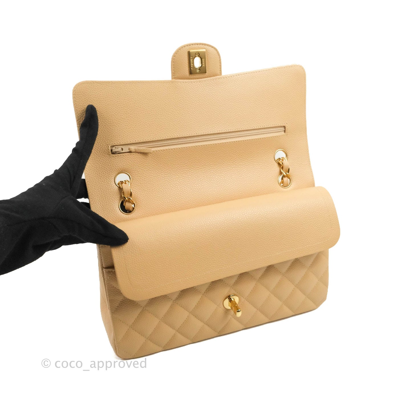 Chanel Classic M/L Medium Flap Quilted Beige Caviar Gold Hardware