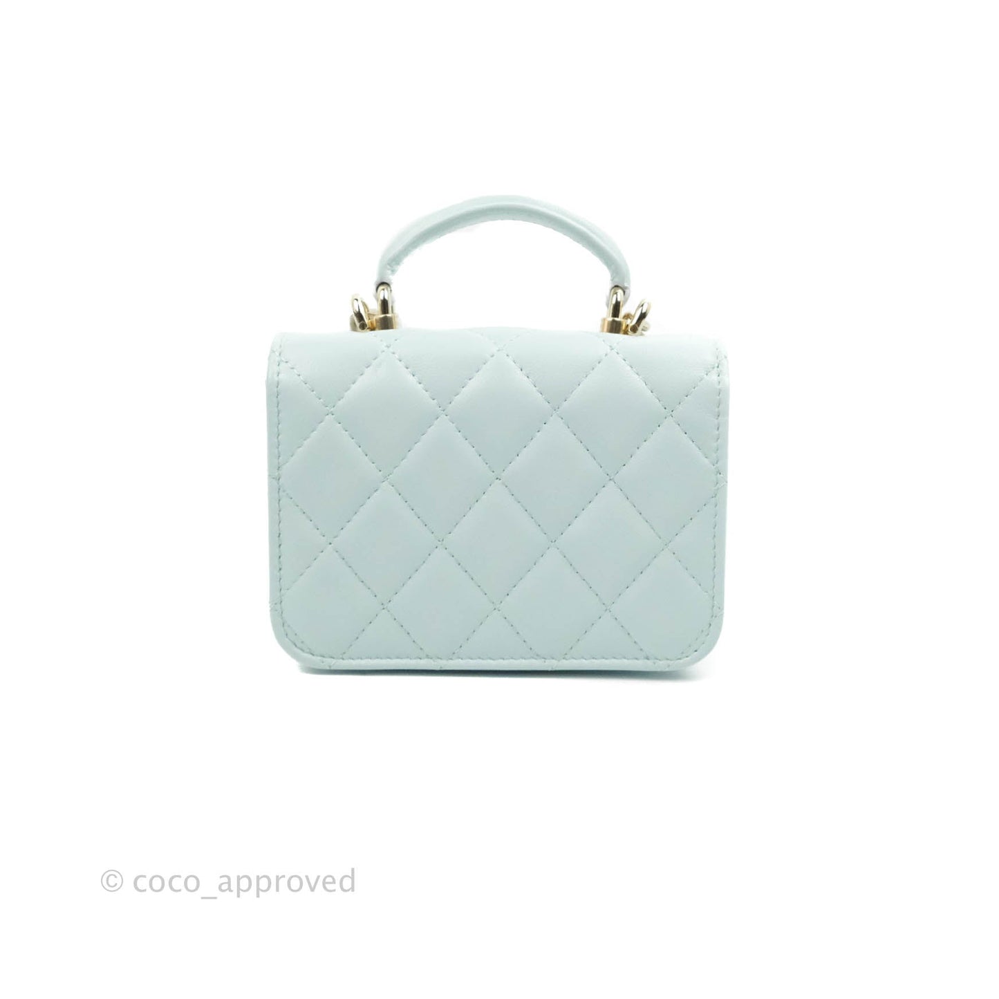 Chanel Mini Handle Flap Coin Purse With Chain Light Blue Lambskin Gold Hardware