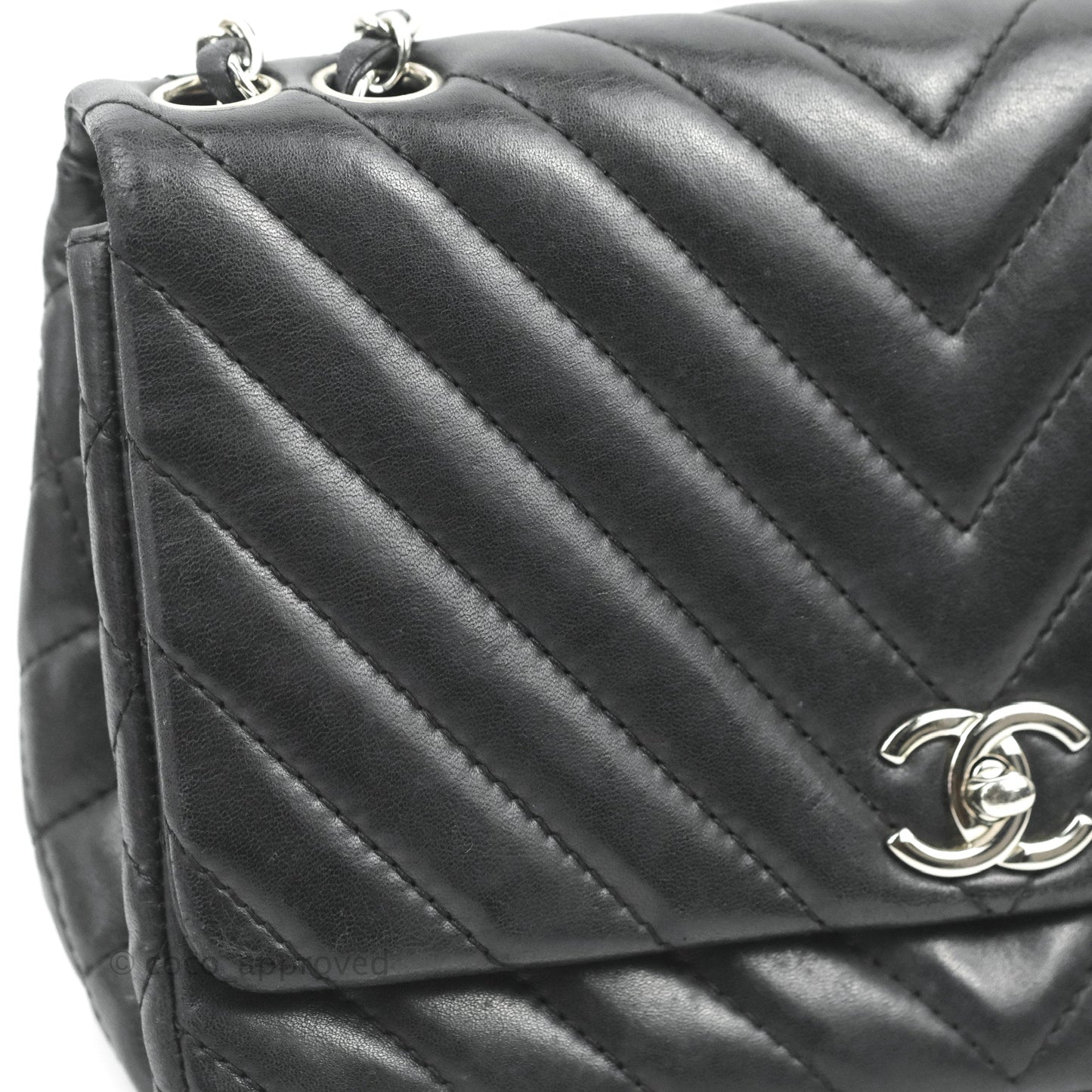 Chanel Quilted Large Single Flap Chevron Black Lambskin Silver Hardware