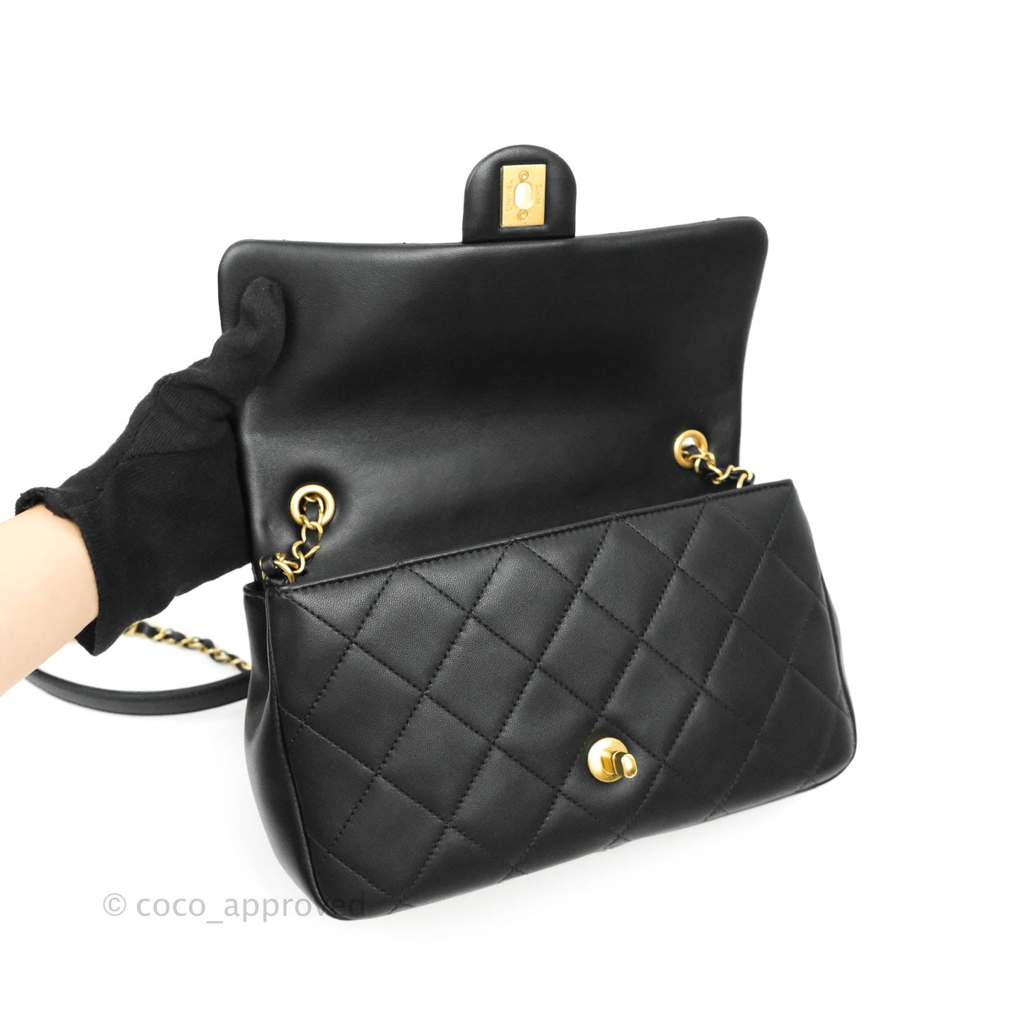 Chanel Circular Handle Flap Bag Black Lambskin Aged Gold Hardware