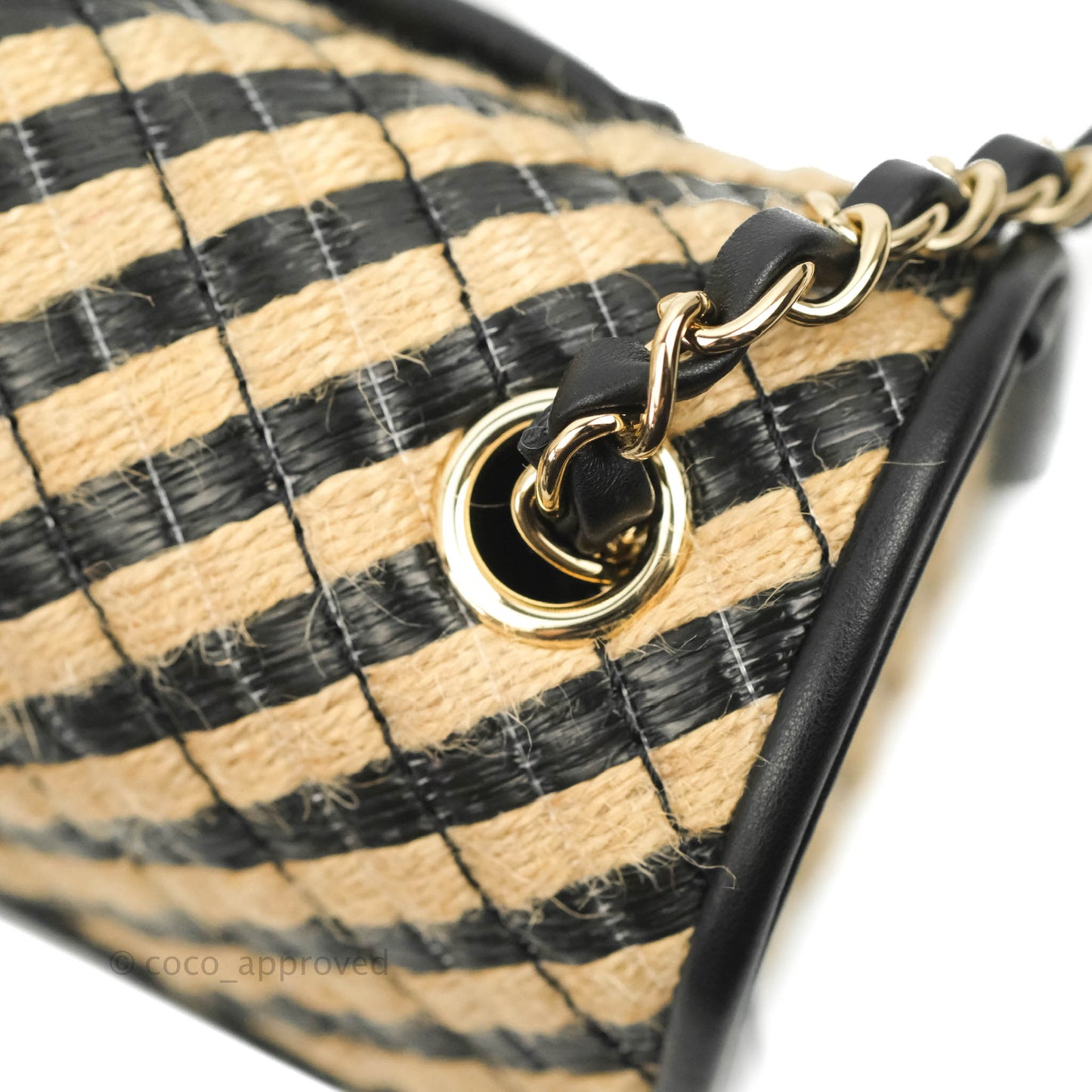 Chanel Quilted Mini Rectangular Flap Raffia Jute Thread Black & Beige Gold Hardware