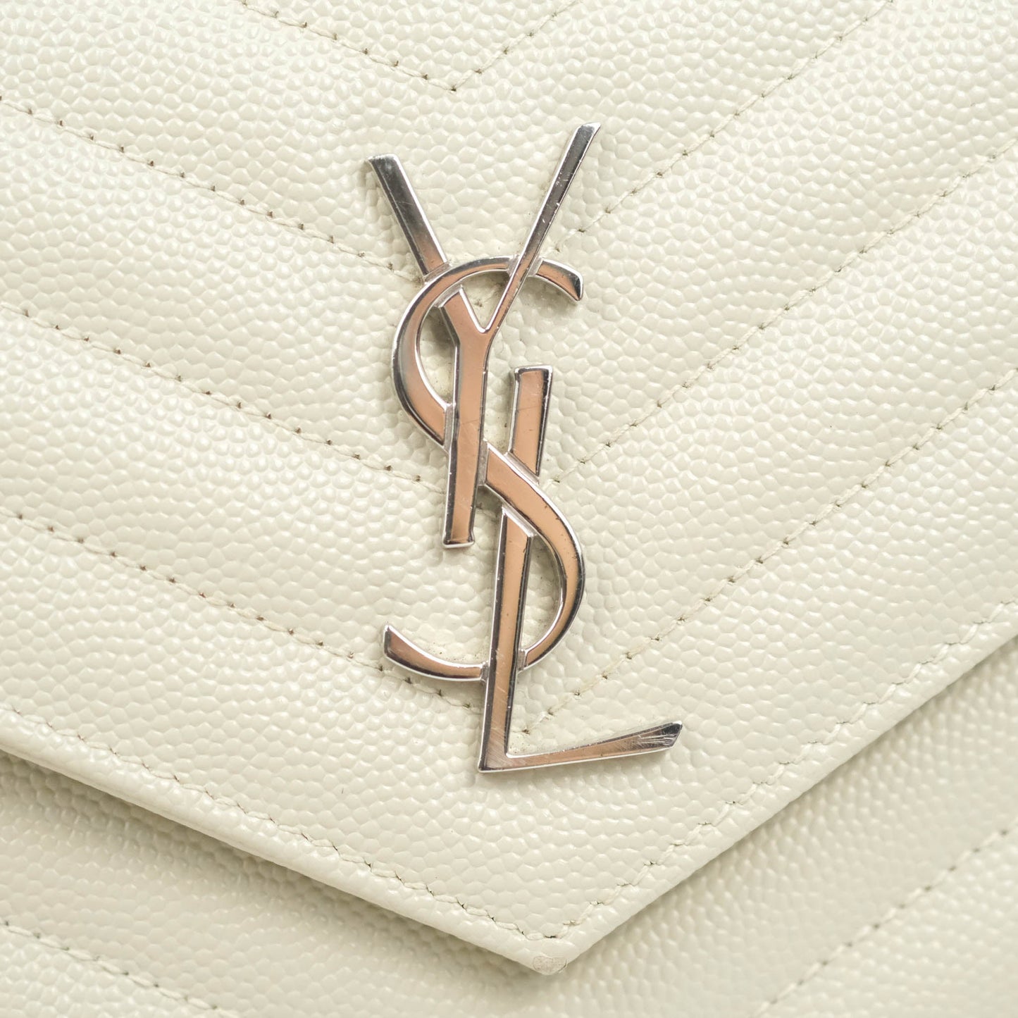 Saint Laurent Wallet on Chain White Grained Leather Silver Hardware