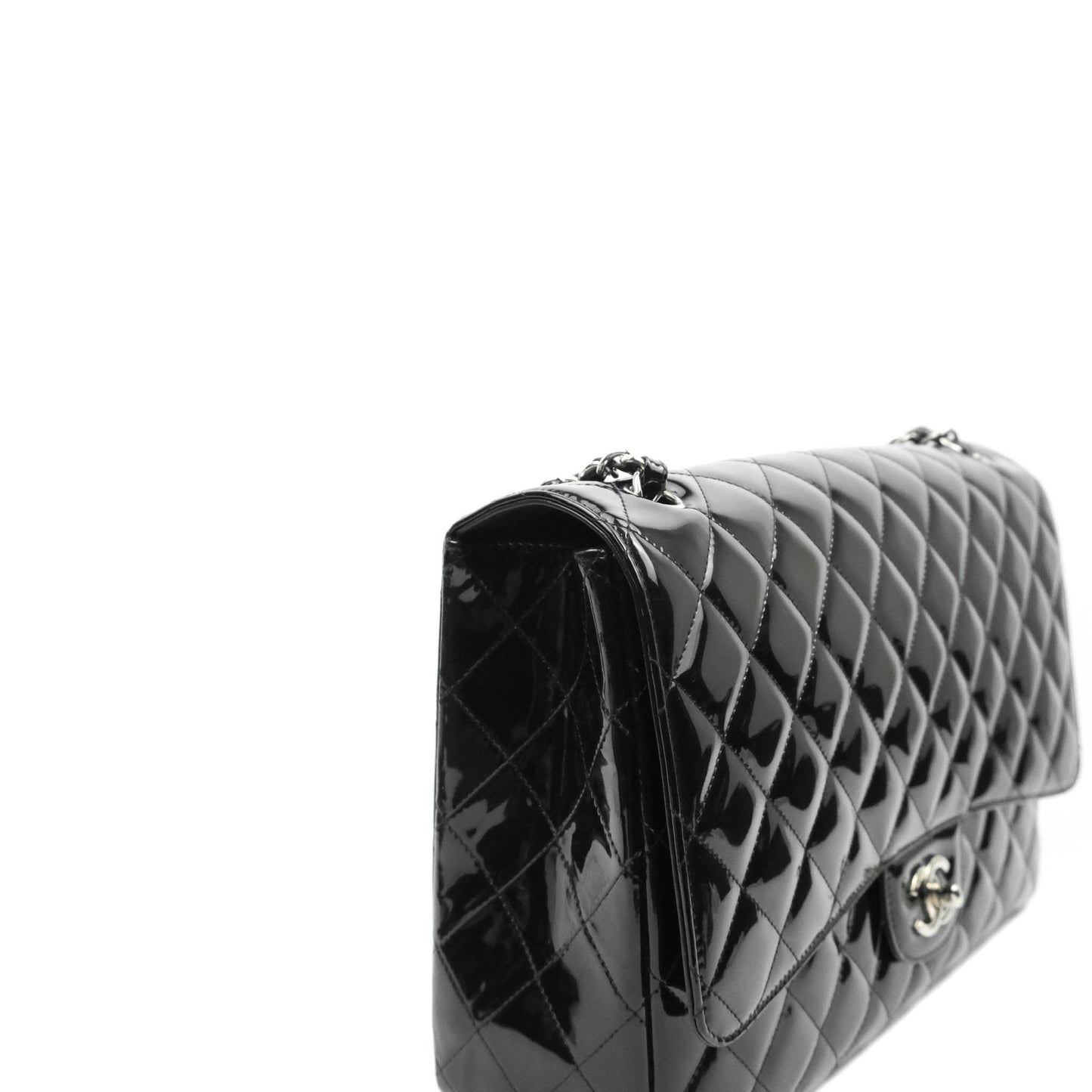 Chanel Quilted Maxi Single Flap Black Patent Silver Hardware