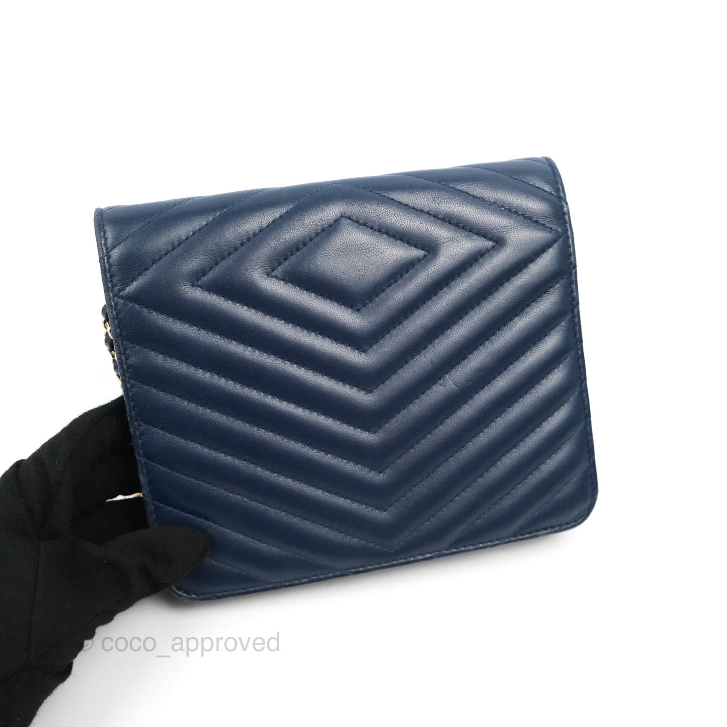 Chanel Square WOC Wallet On Chain Blue Lambskin Chevron Gold Hardware