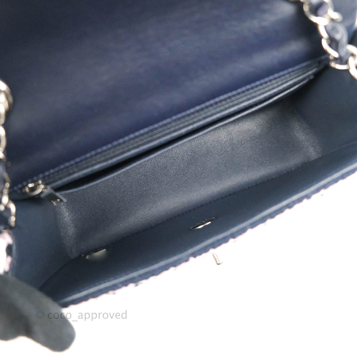 Chanel Mini Rectangular Flap Bag Navy Pink Striped Tweed Silver Hardware
