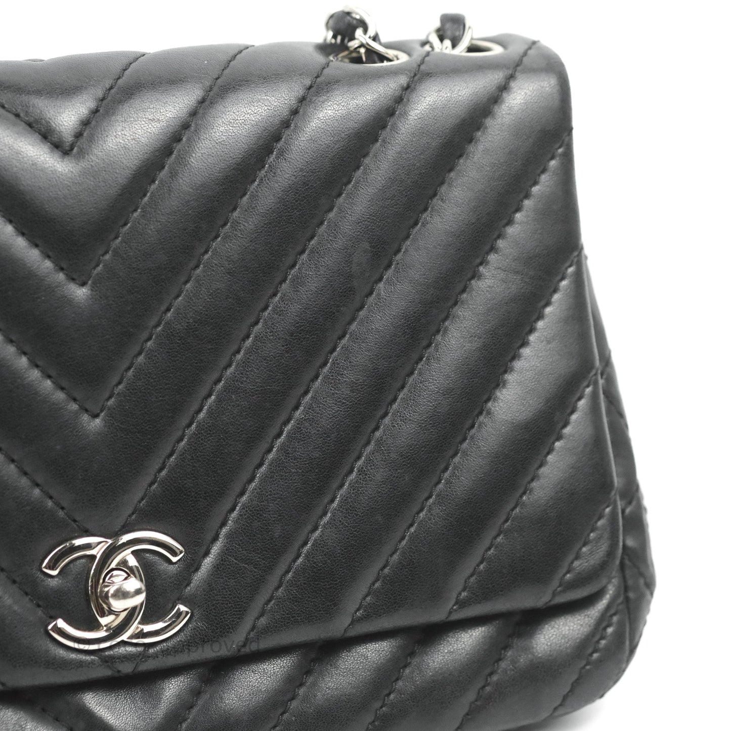 Chanel Quilted Large Single Flap Chevron Black Lambskin Silver Hardware