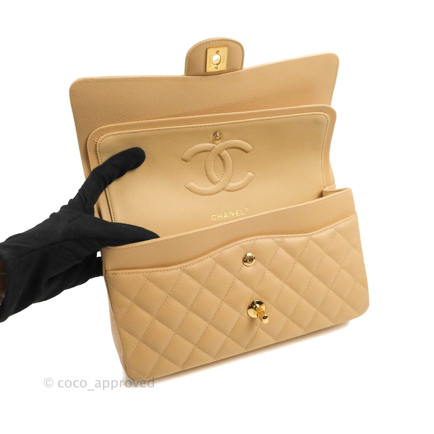 Chanel Classic M/L Medium Flap Quilted Beige Caviar Gold Hardware