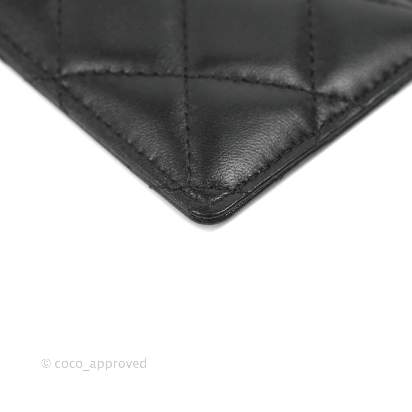 Chanel Quilted Chain Camellia Card Holder Black Lambskin Gold Hardware