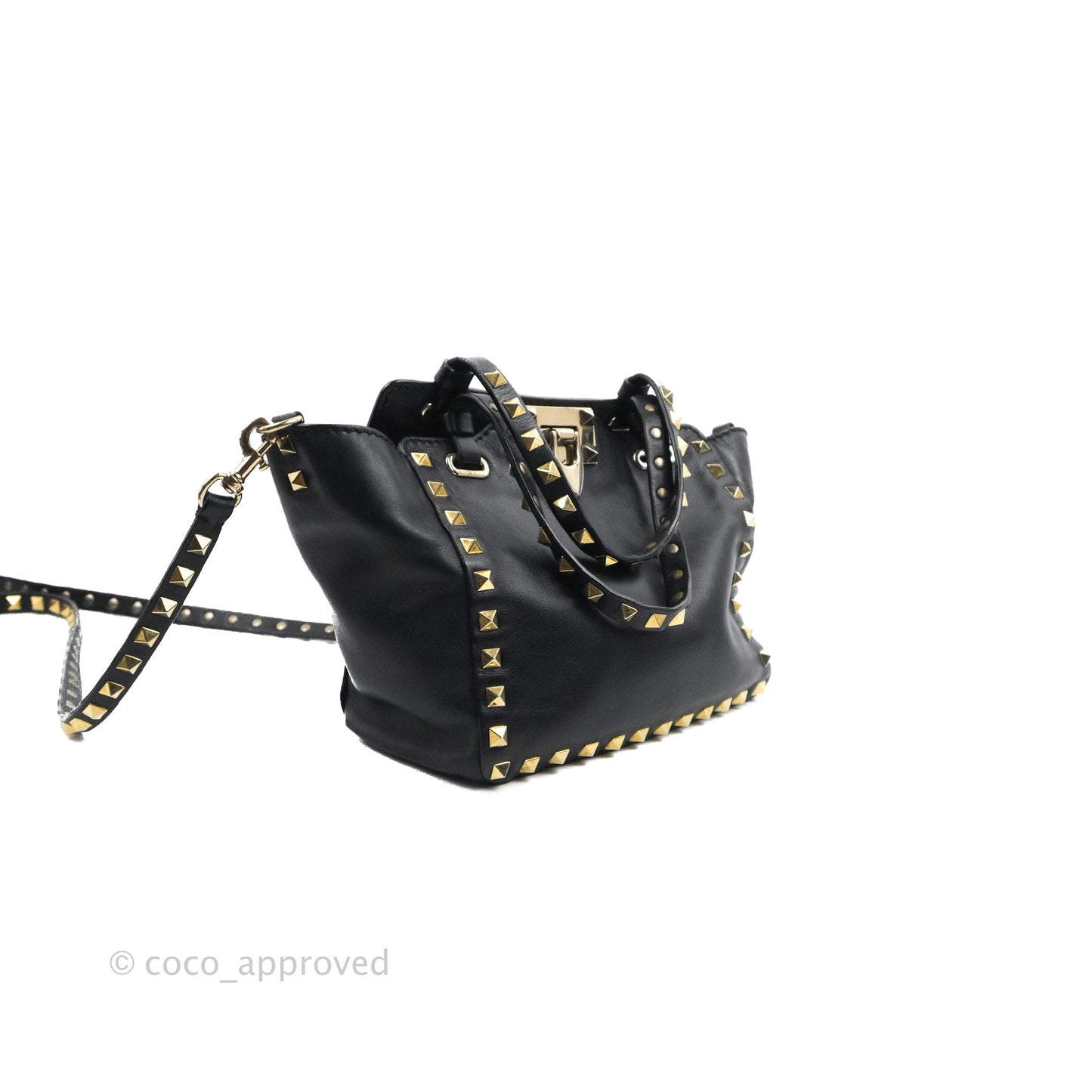 Valentino Garavani Mini Trapeze Rockstud Black Grained Calfskin Gold Hardware