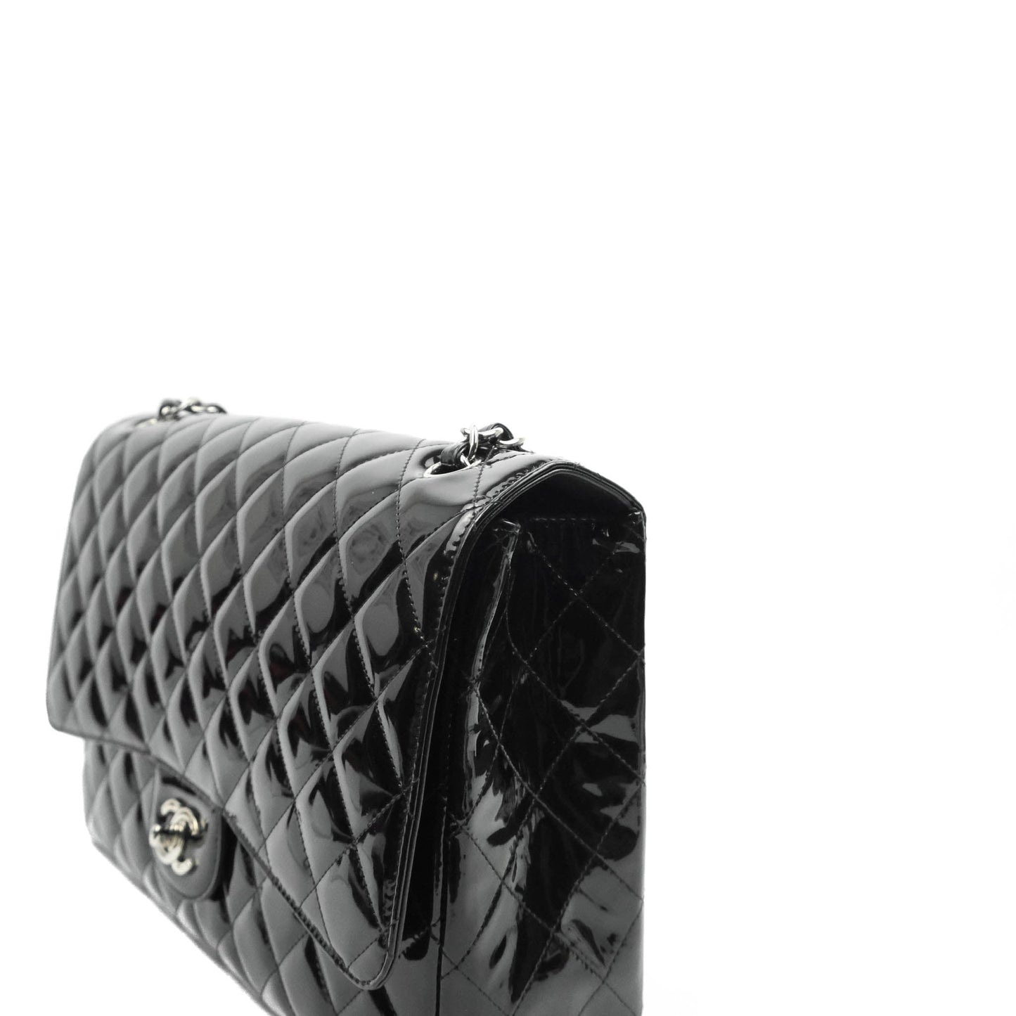 Chanel Quilted Maxi Single Flap Black Patent Silver Hardware