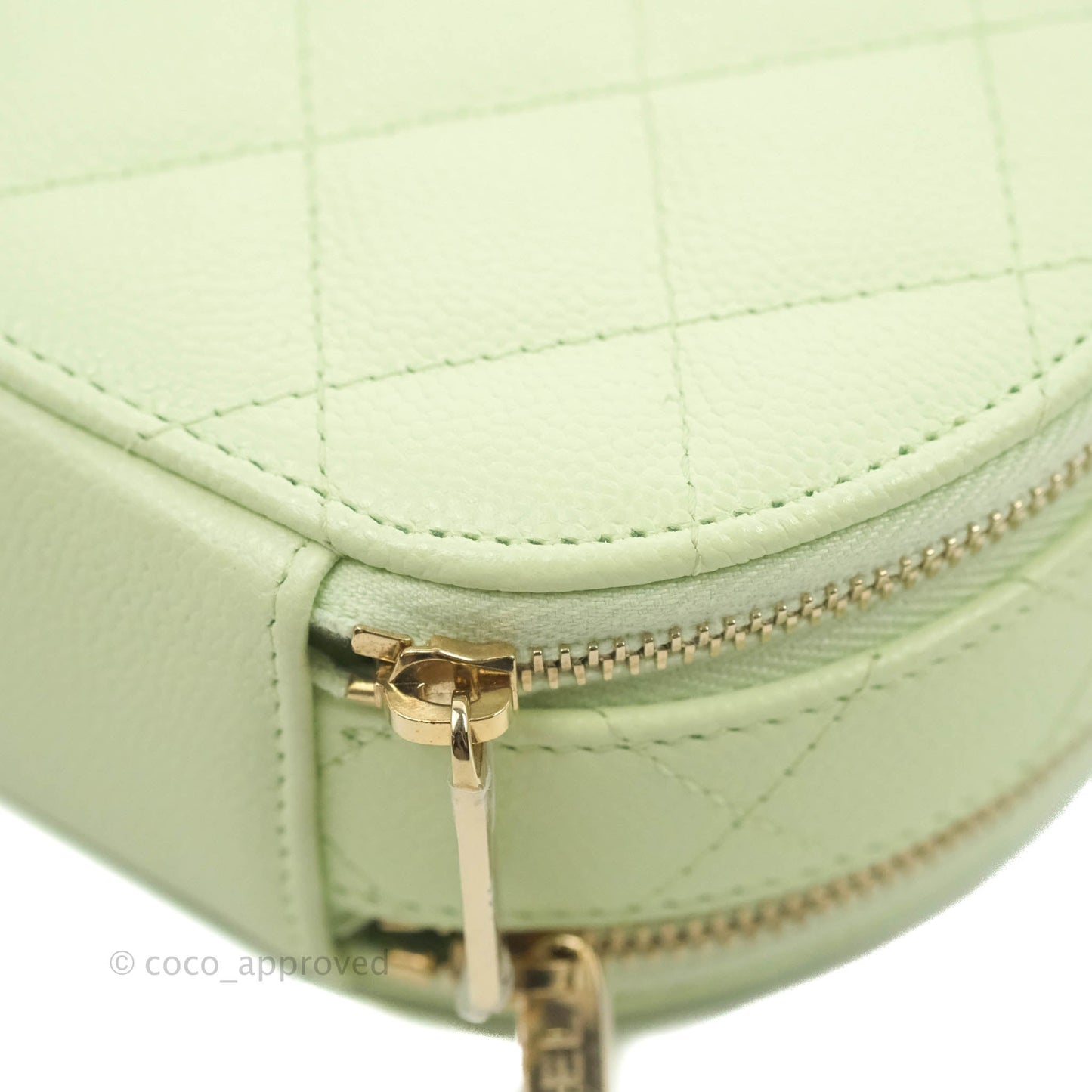 Chanel Mini Round Vanity Bag Handle With Care Light Green Caviar 22C