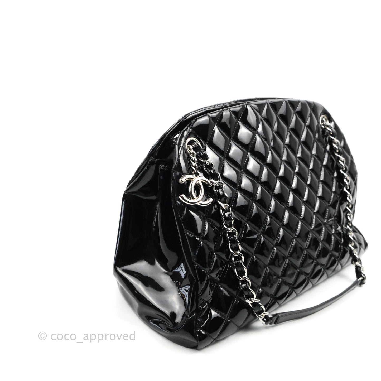 Chanel Quilted Large Just Mademoiselle Black Patent Silver Hardware