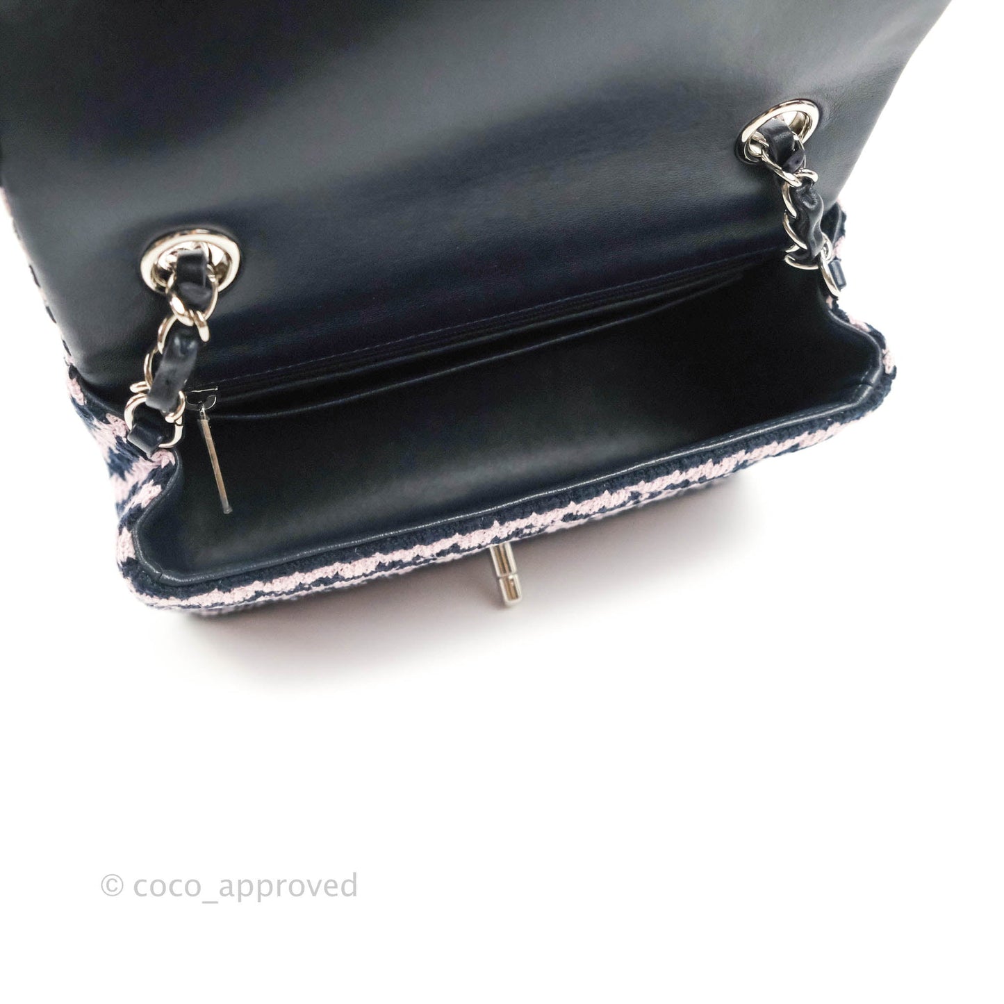 Chanel Mini Rectangular Flap Bag Navy Pink Striped Tweed Silver Hardware
