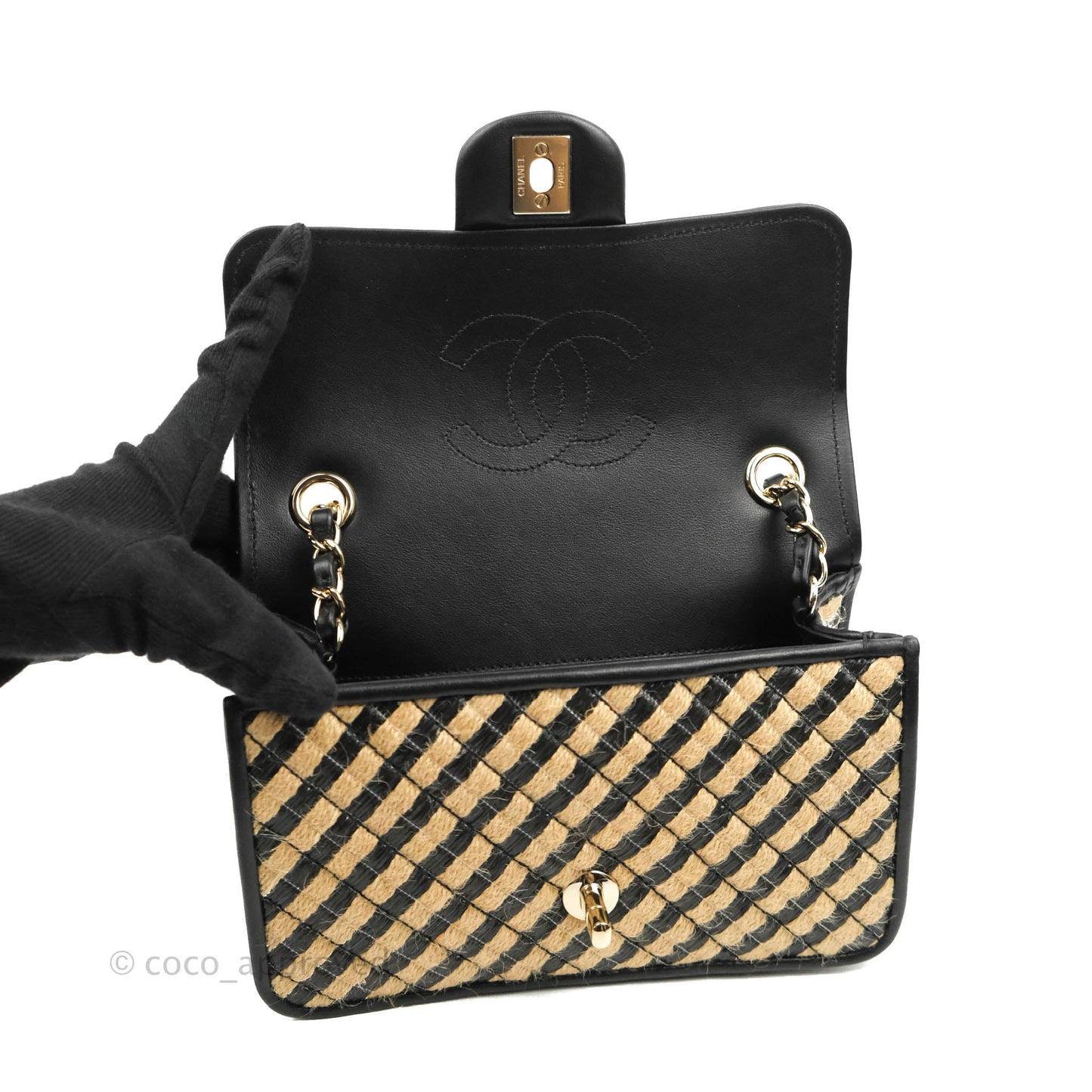 Chanel Quilted Mini Rectangular Flap Raffia Jute Thread Black & Beige Gold Hardware