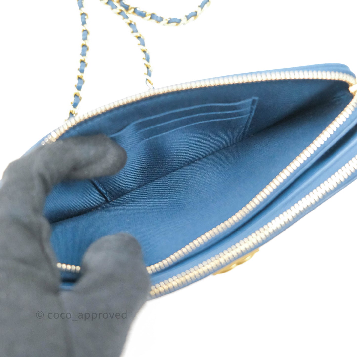 Chanel Boy Double Zip Clutch On Chain Blue Lambskin Aged Gold Hardware