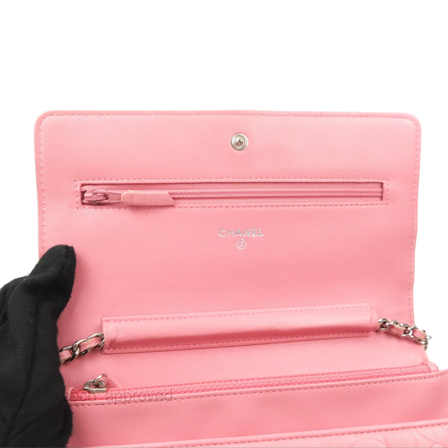 Chanel Camellia Embossed Wallet On Chain WOC Pink Lambskin Silver Hardware