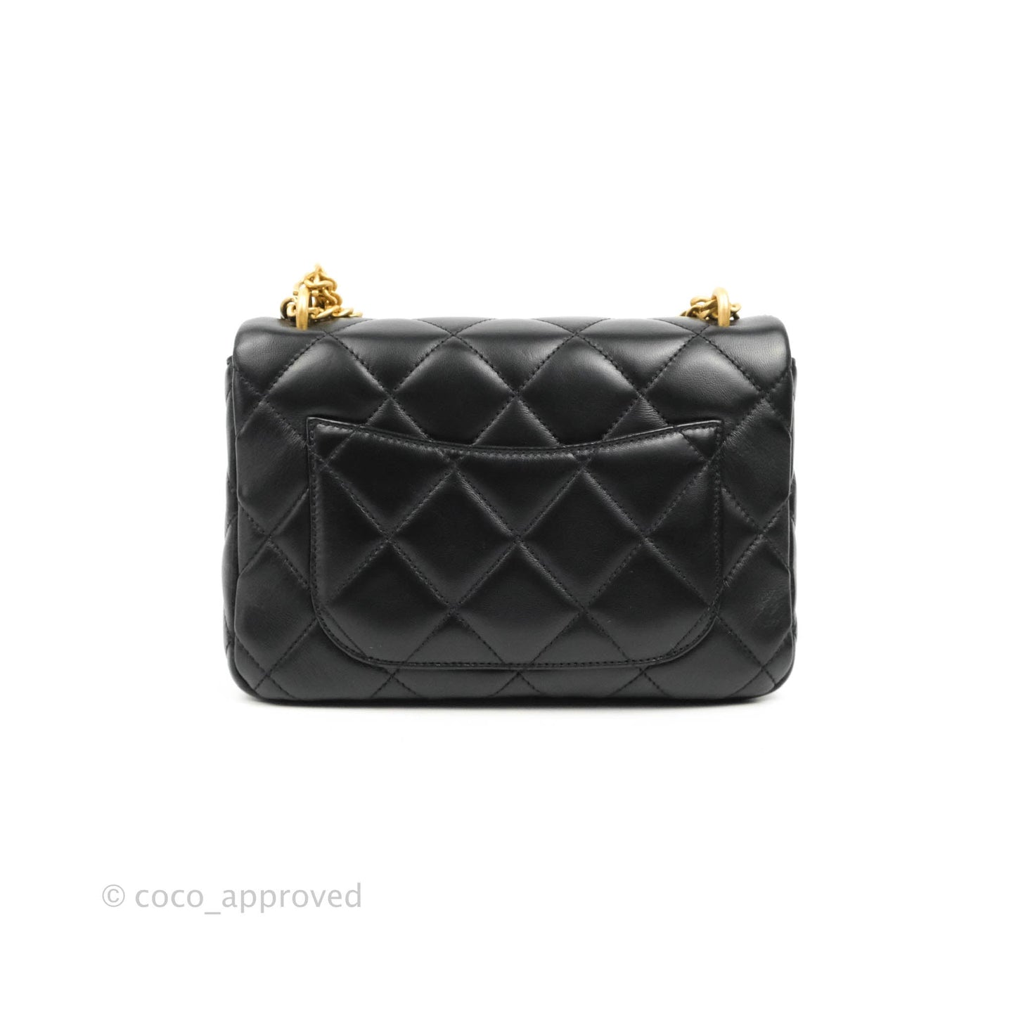 Chanel Quilted Pending CC Enamel Mini Square Flap Black Lambskin Aged Gold Hardware 22P