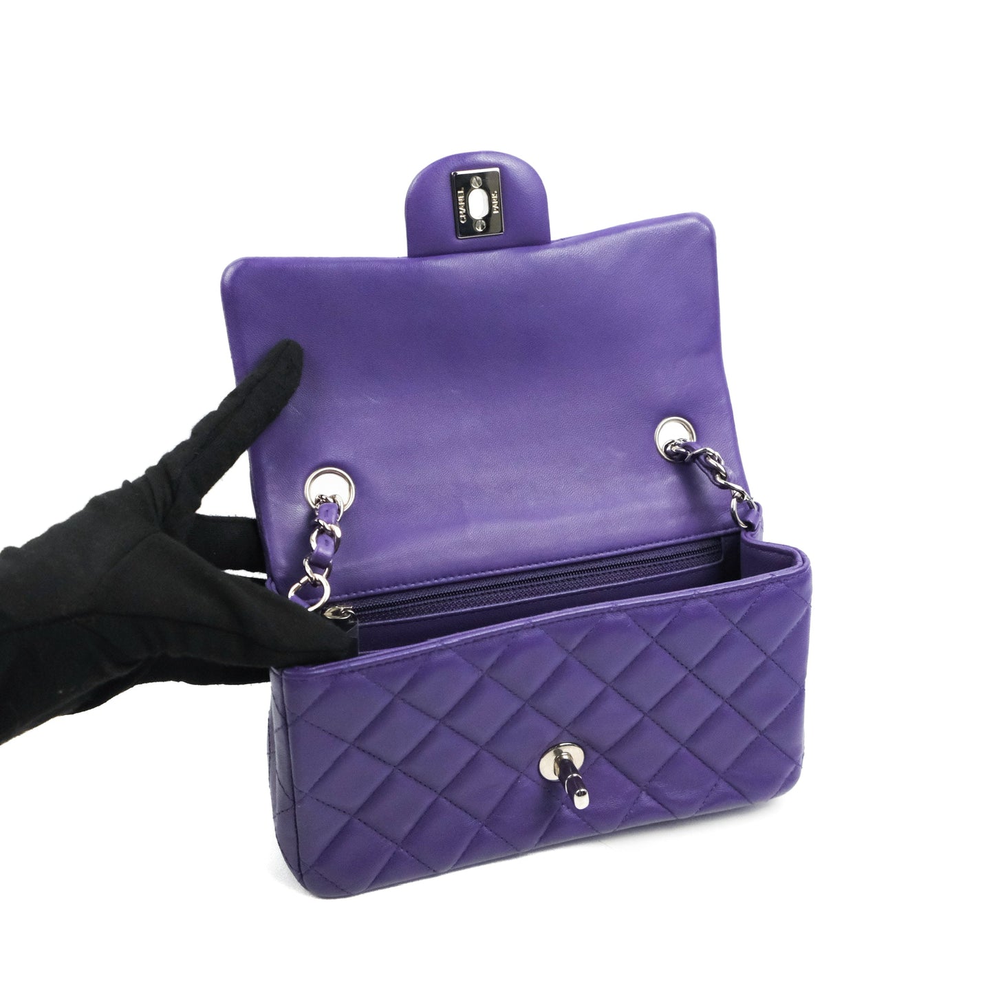 Chanel Quilted Mini Rectangular Flap Purple Lambskin Silver Hardware