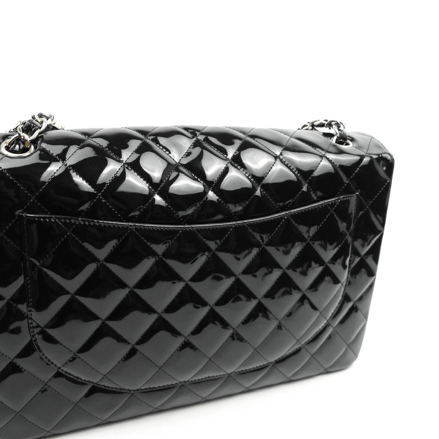 Chanel Quilted Maxi Single Flap Black Patent Silver Hardware