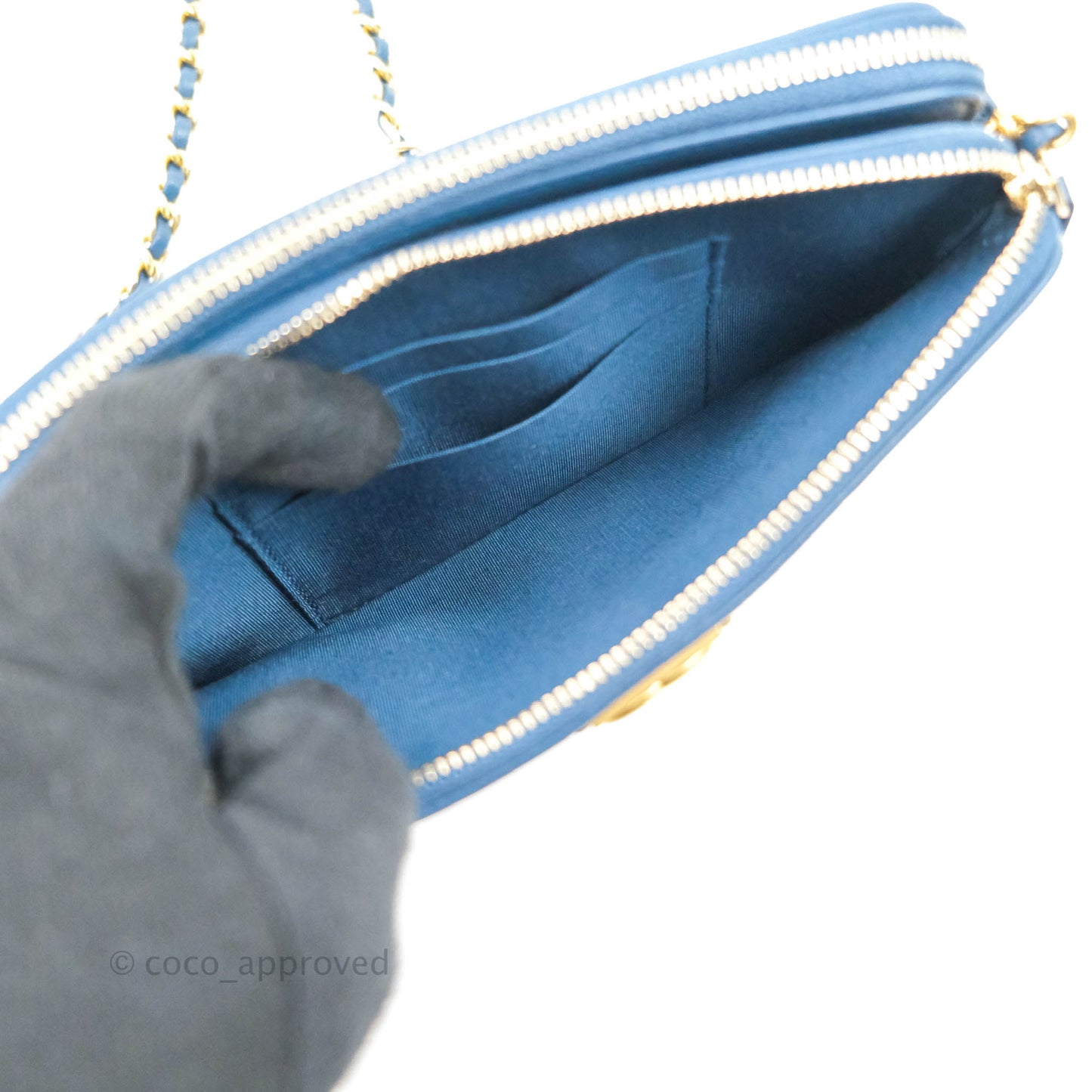 Chanel Boy Double Zip Clutch On Chain Blue Lambskin Aged Gold Hardware