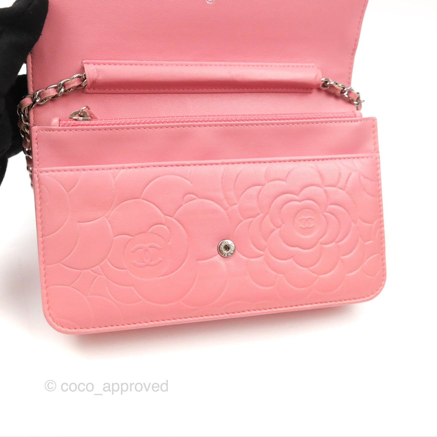 Chanel Camellia Embossed Wallet On Chain WOC Pink Lambskin Silver Hardware