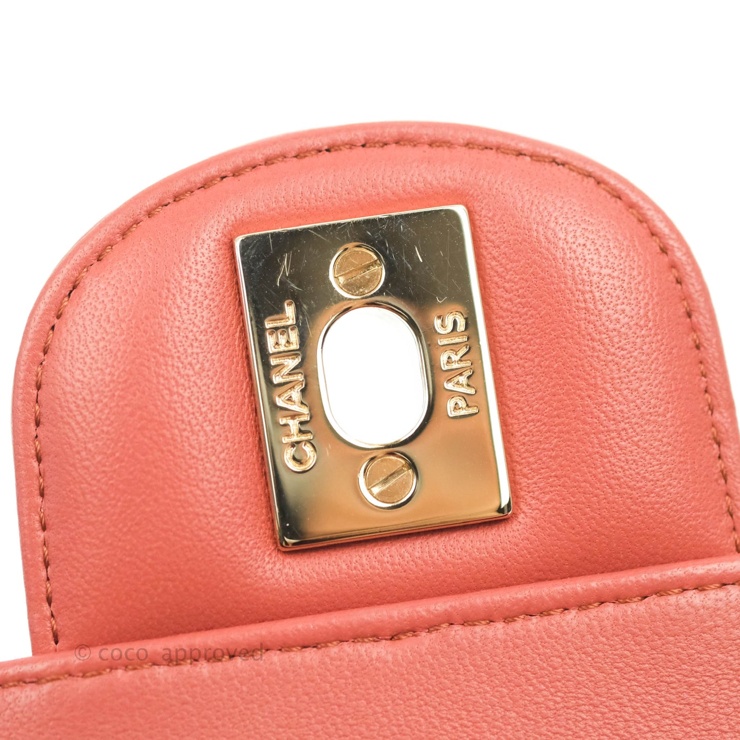 Chanel Chevron Mini Rectangular Flap Brick Red Lambskin Aged Gold Hardware