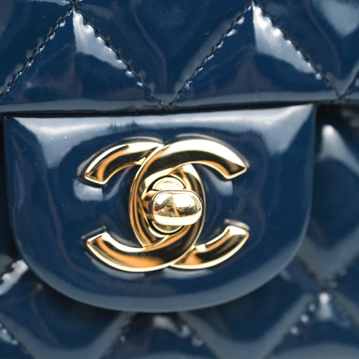 Chanel Quilted Mini Rectangular Flap Navy Patent Leather Gold Hardware