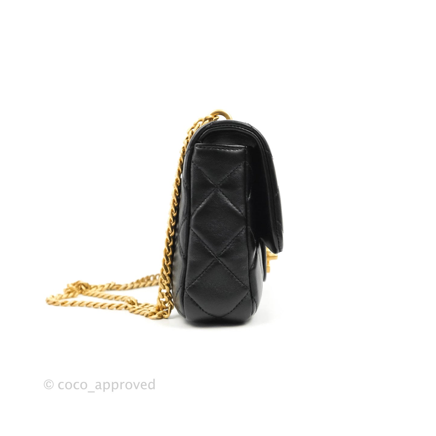 Chanel Quilted Pending CC Enamel Mini Square Flap Black Lambskin Aged Gold Hardware 22P